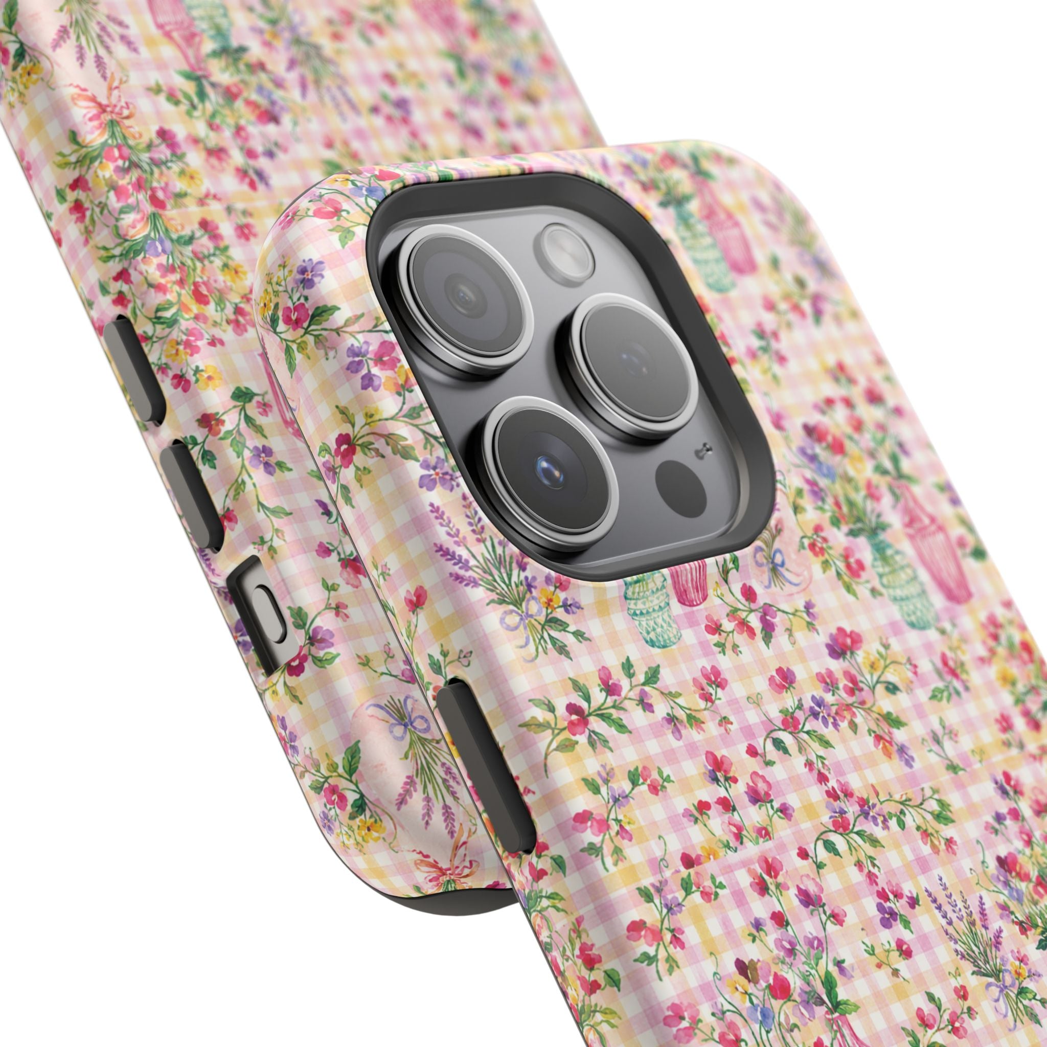 Turquoise & Pink Floral Checker Phone Case — Magnetic Impact-Resistant