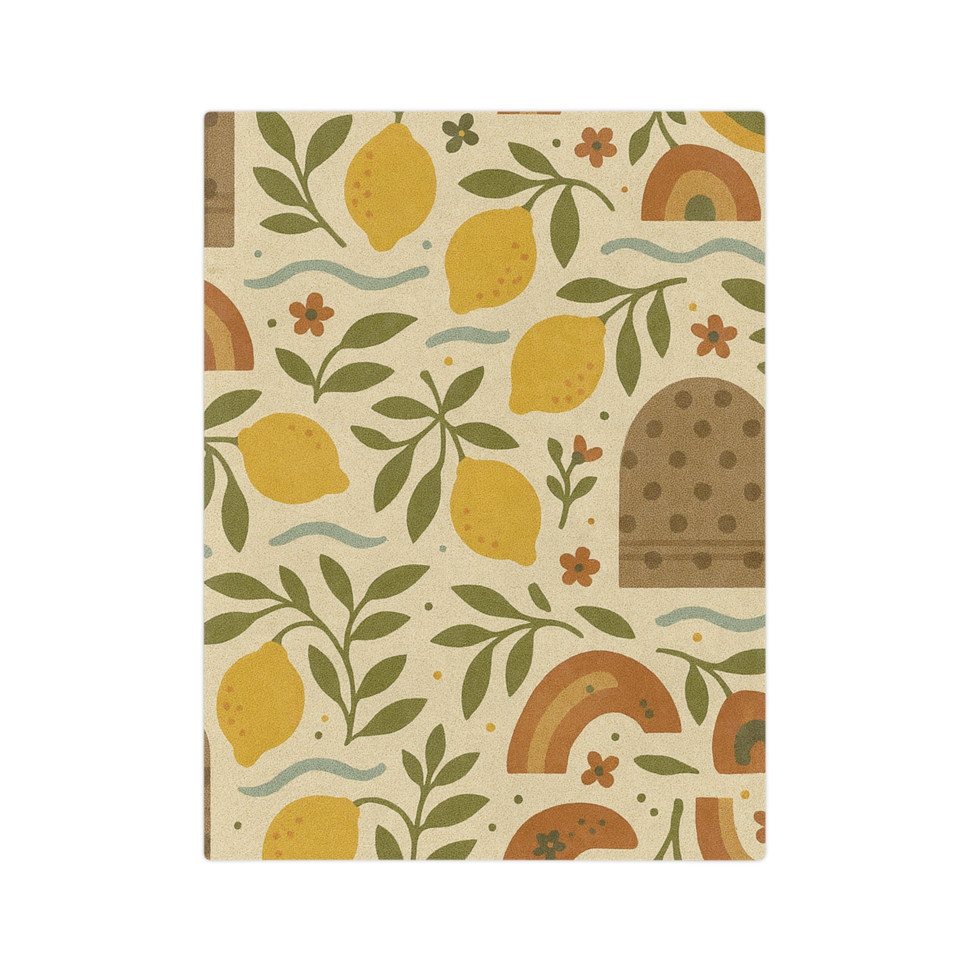 Boho Lemon Grove Blanket Cozy Knit Throw Featuring Hand-Drawn Lemons, Olive Leaves & Soft Waves in Earthy Tones, Perfect for Warmth & Style Year-Round