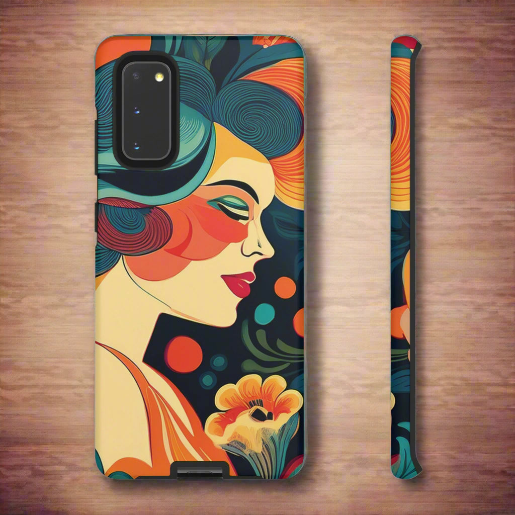 Phone case with colorful design of a woman's face and floral elements on a white background
