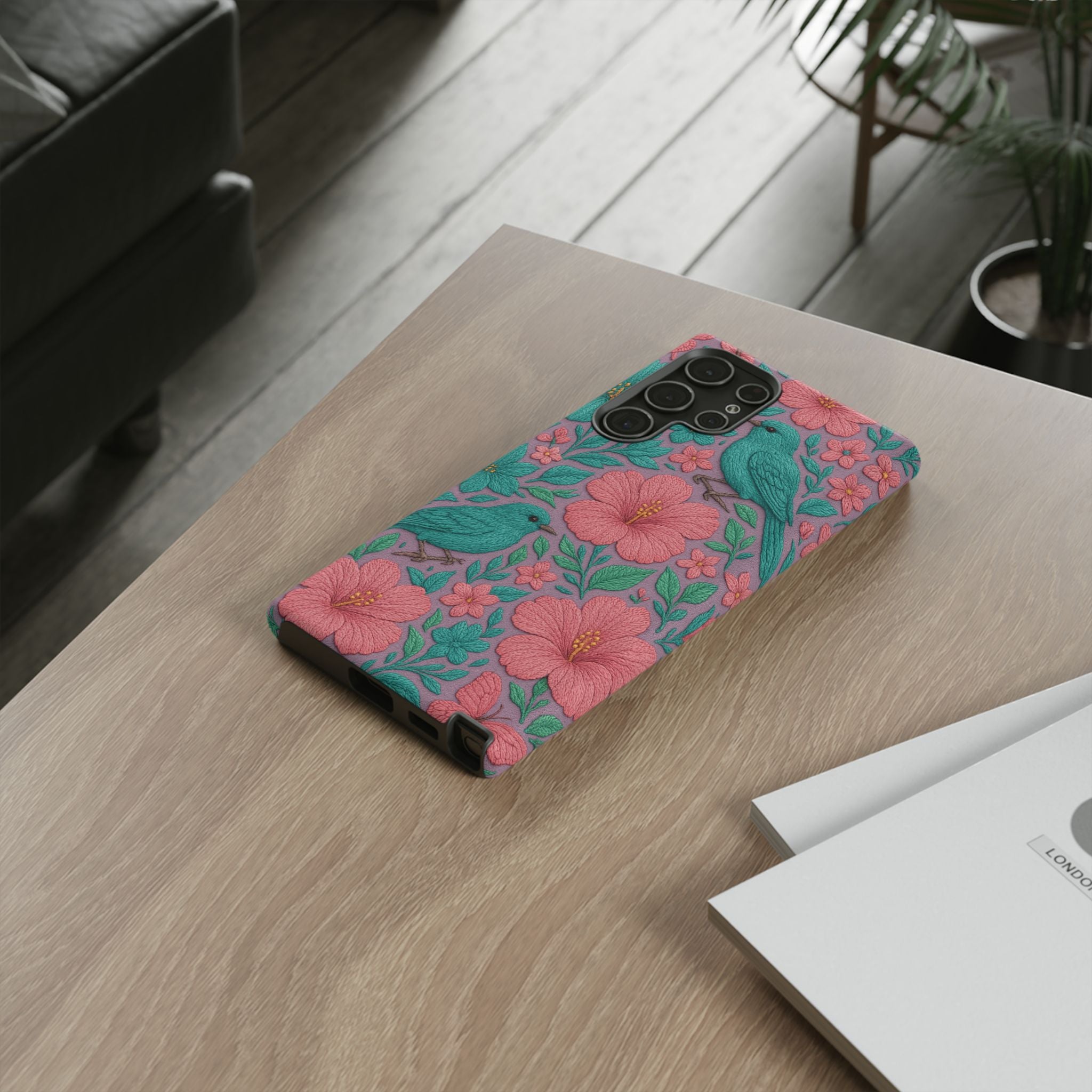 Turquoise, Pink and Lavender 3D Embroidery Illusion Phone Case Tropical Flowers, Birds & Butterflies Cover with Bold, Realistic Floral Texture iPhone, Samsung