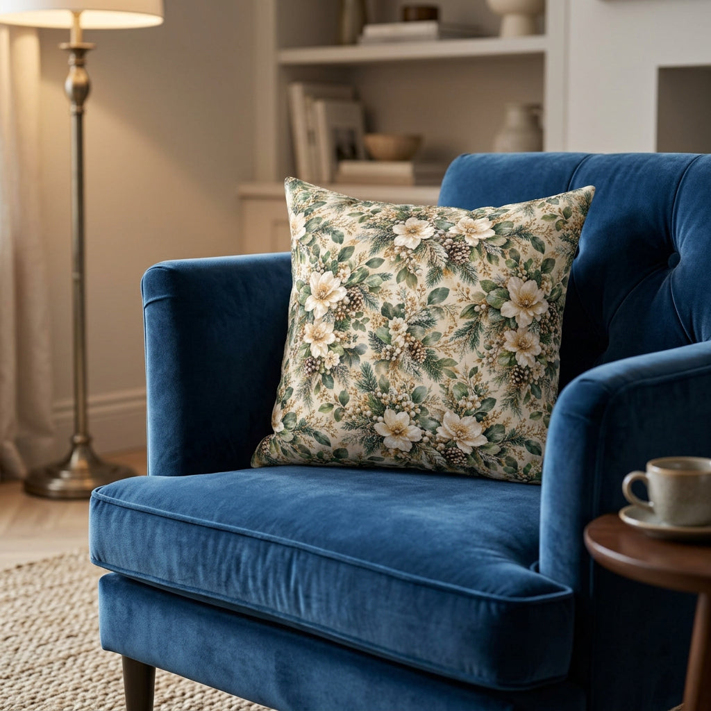 A square decorative throw pillow featuring a vintage-style floral and botanical print with white flowers, green leaves, and small berries on a warm beige background, shown against a plain white studio backdrop.