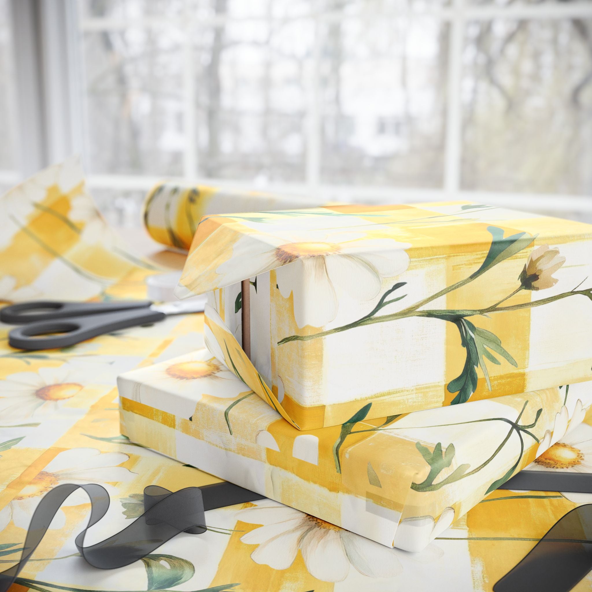 Papier Cadeau Jaune Pastel à Carreaux Marguerite — Papier Cadeau Floral Printanier