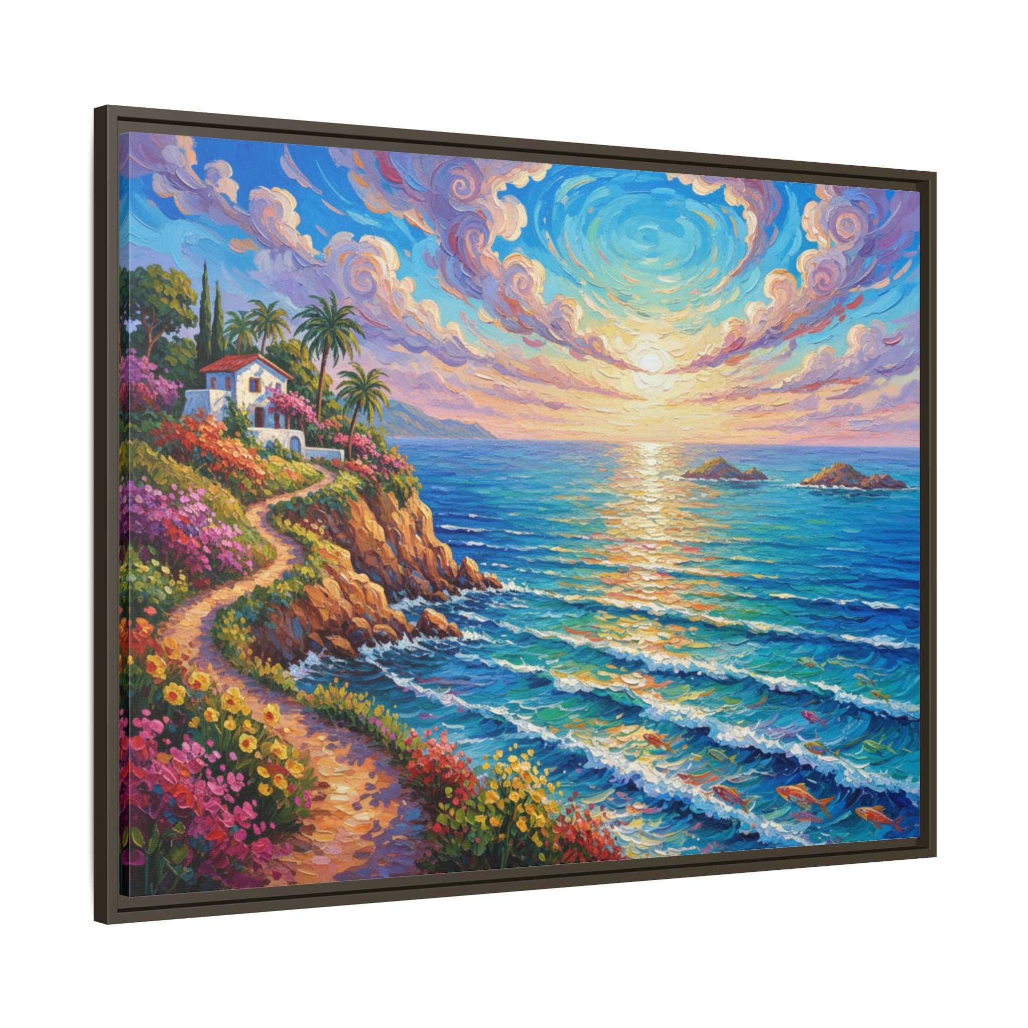 Toile imprimée florale océanique | Décoration murale colorée et lumineuse de paysage marin, œuvre d'art de bureau encadrée et mate