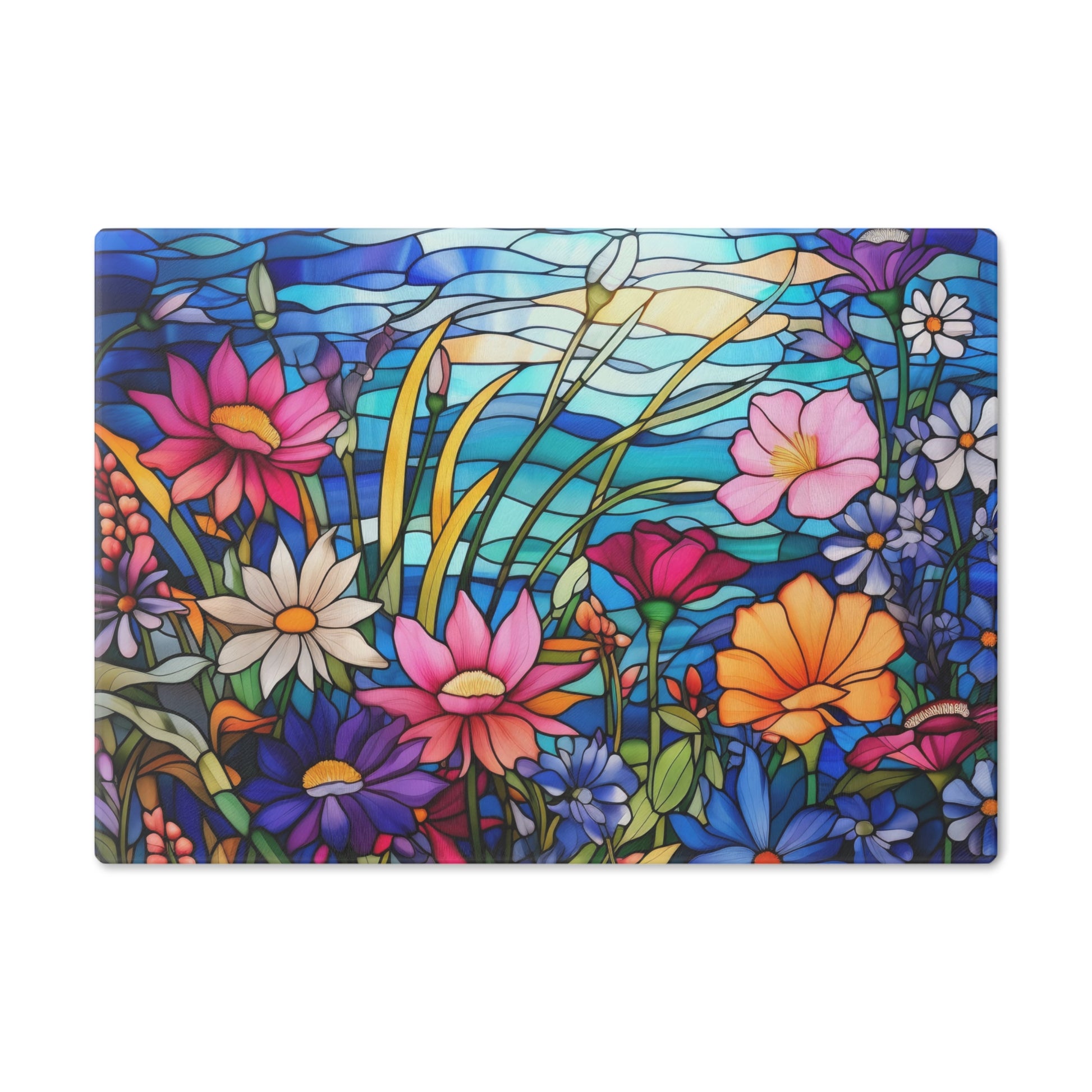 New House Tempered Glass Cutting Board Wildflowers Stain Glass Illusion Design Ultra-Durable Kitchen Accessory for Stylish Cooking Kitchen Decor Housewarming, New House Gift - MRSBYVALLE