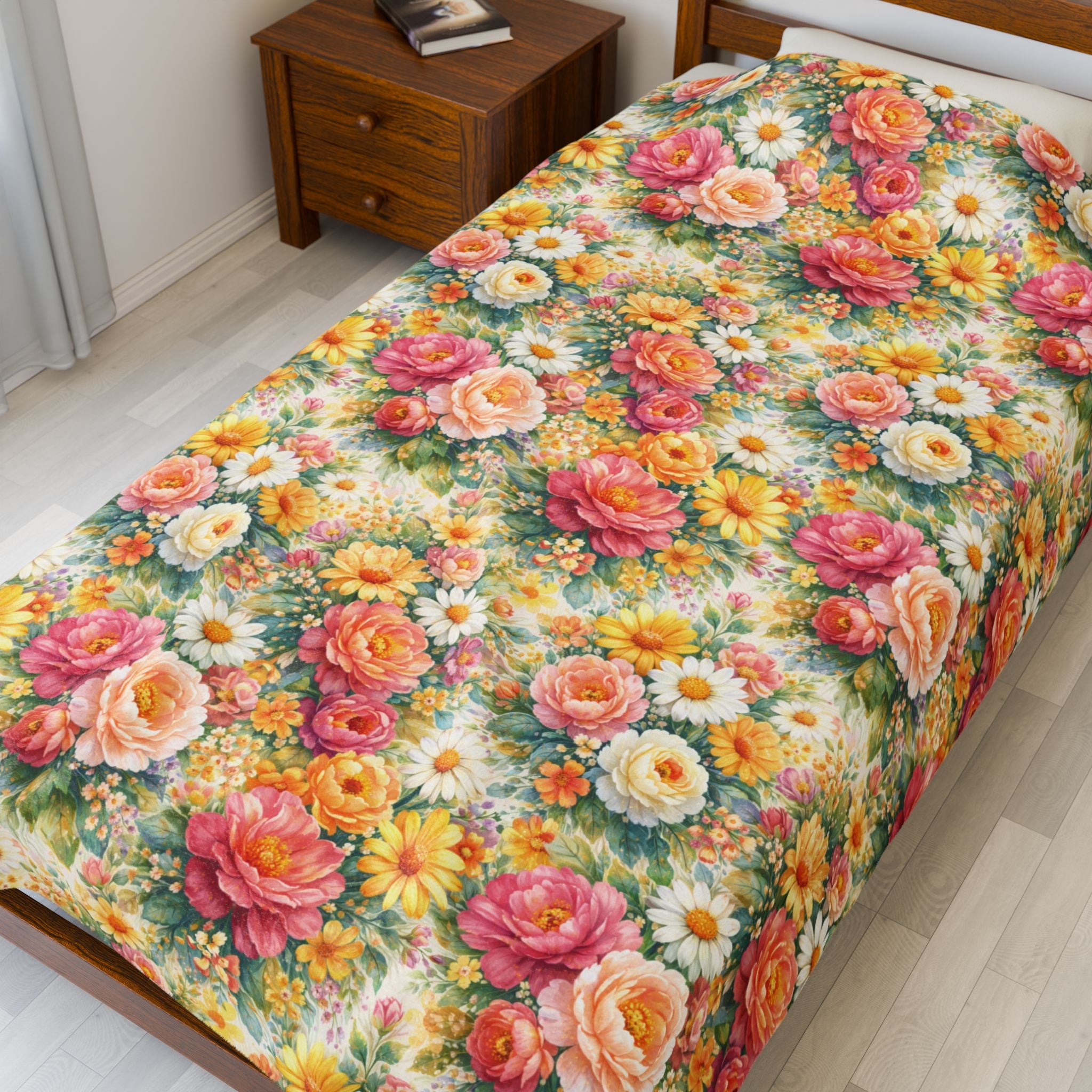 Bright Floral Velveteen Plush Blanket — Aesthetic Minky Floral Throw