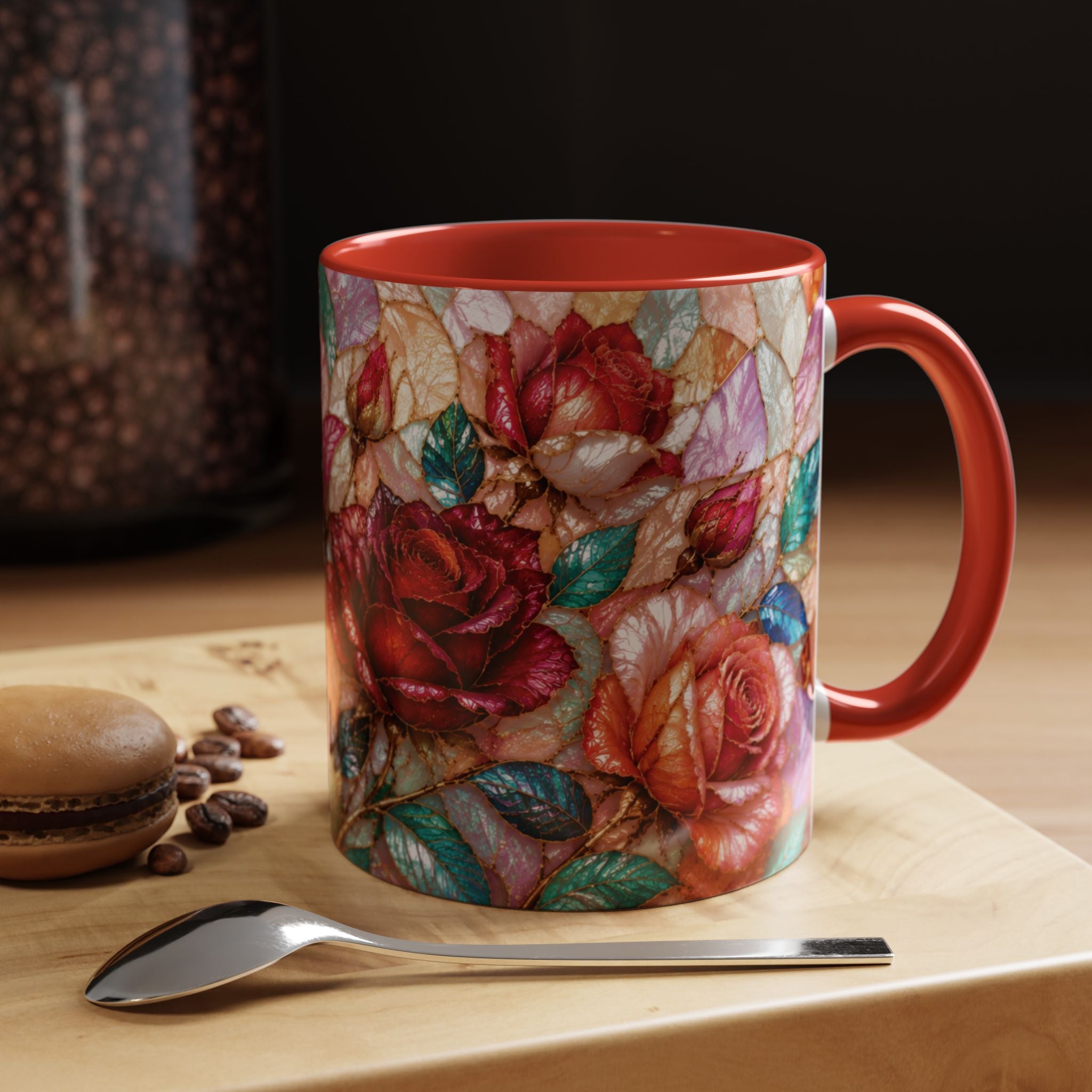 Floral Stained-Glass Accent Coffee Mug Colorful Rose Pattern (11/15 oz) Gift for Her