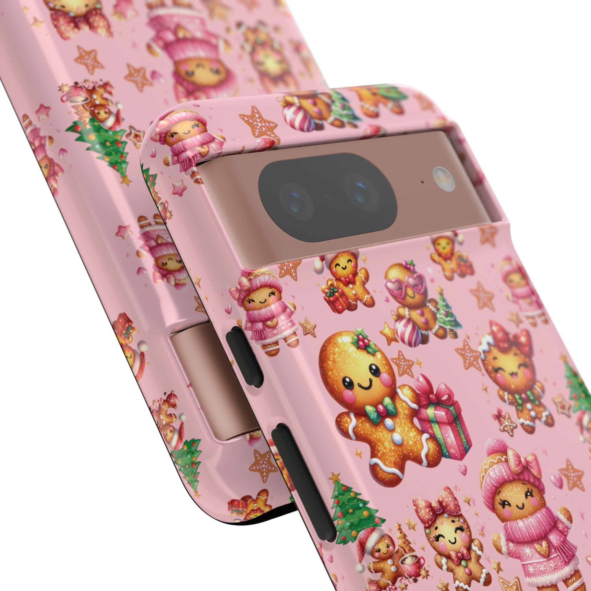 Coque de téléphone en forme de petite fille pain d'épices rose adorable, ambiance girly pour les fêtes, esthétique douce de Noël, idée cadeau mignonne et festive pour elle, housse de protection amusante