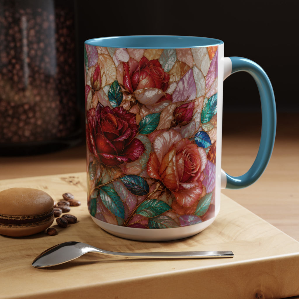 Floral Stained-Glass Accent Coffee Mug Colorful Rose Pattern (11/15 oz) Gift for Her