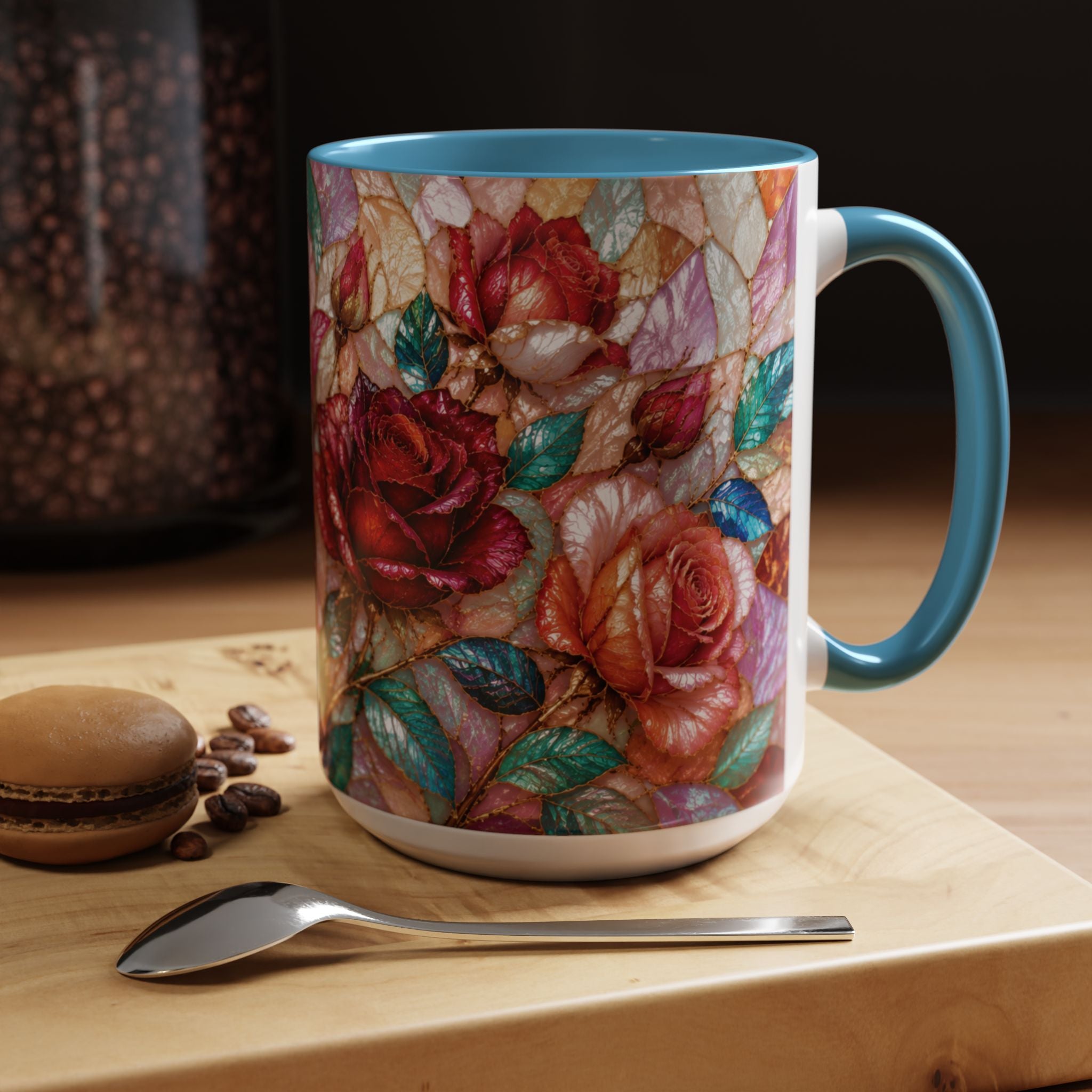 Floral Stained-Glass Accent Coffee Mug Colorful Rose Pattern (11/15 oz) Gift for Her