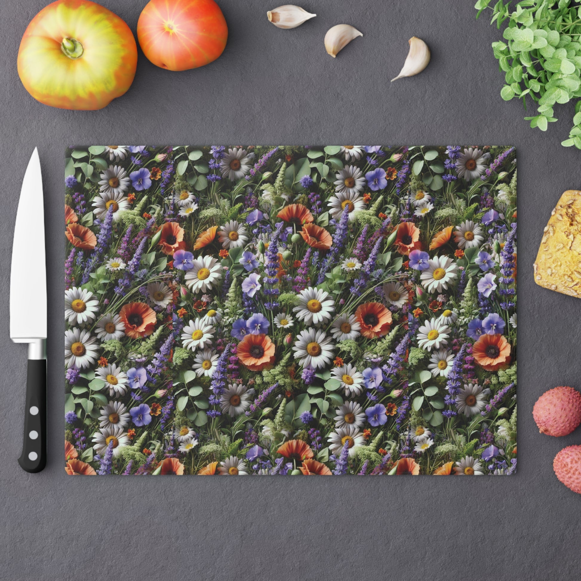 Boho Wildflowers Cutting Board - Durable Glass Kitchen Decor, Vibrant Floral Design, Perfect for Chopping, Serving, or Gifting - MRSBYVALLE