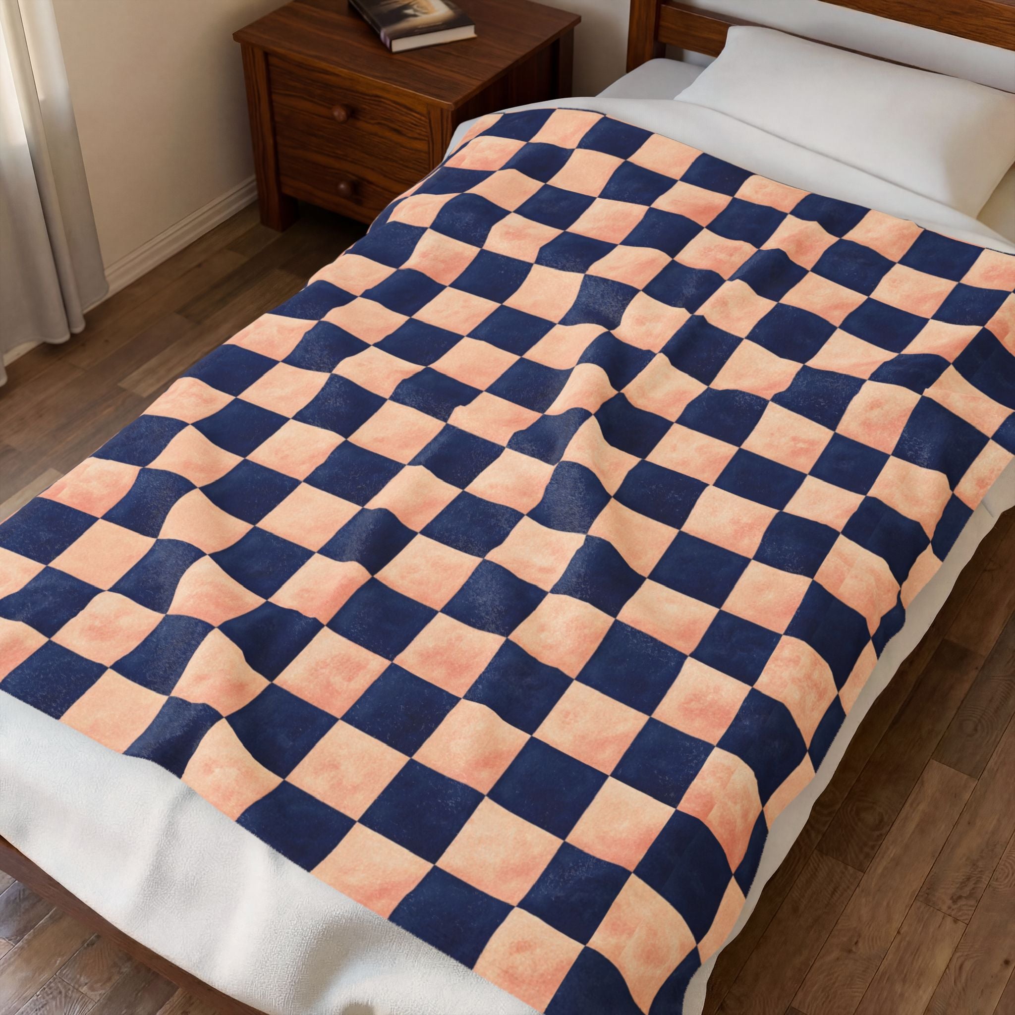 Couverture en peluche veloutée – Plaid confortable à carreaux bleu marine et pêche