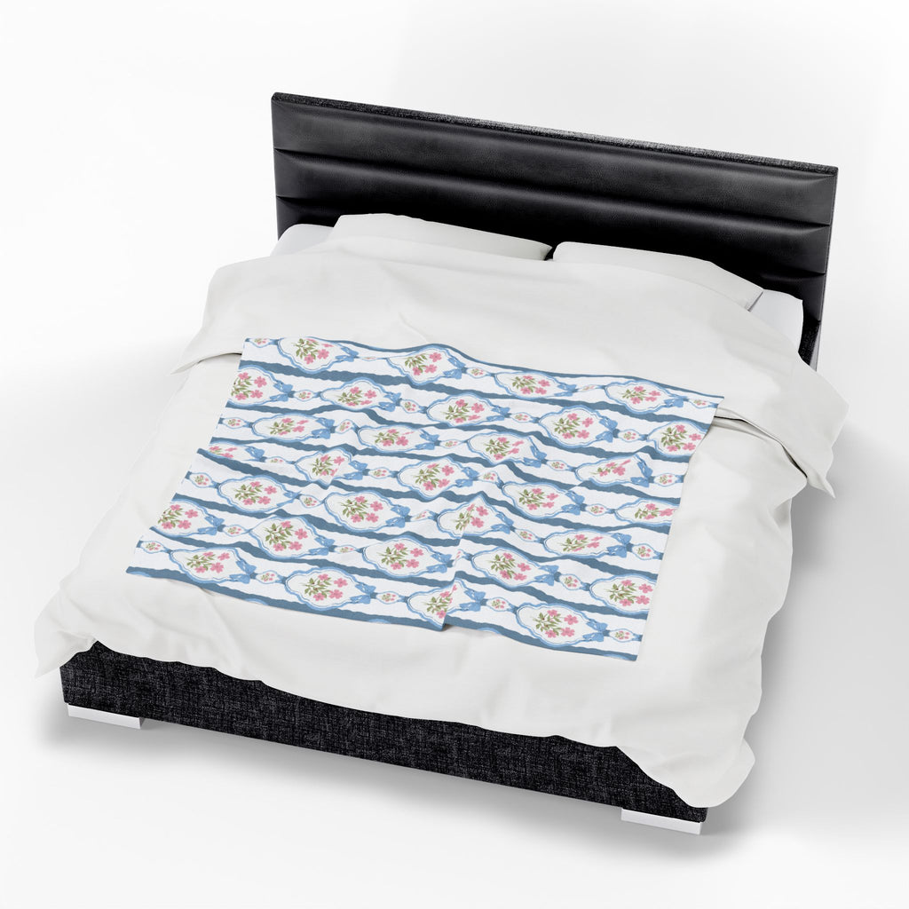 Couverture en peluche veloutée — Nœuds roses vintage et jeté romantique bleu