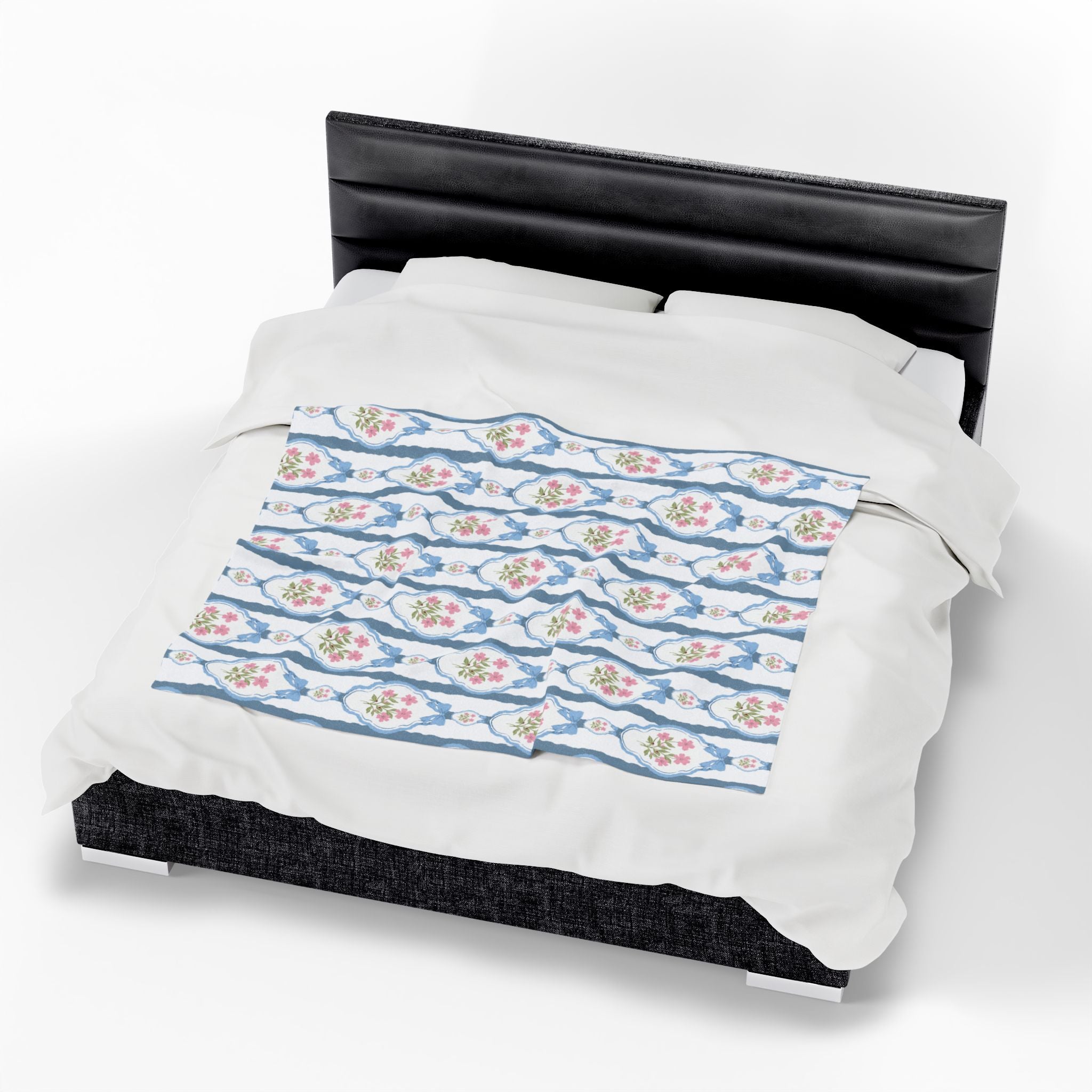 Couverture en peluche veloutée — Nœuds roses vintage et jeté romantique bleu