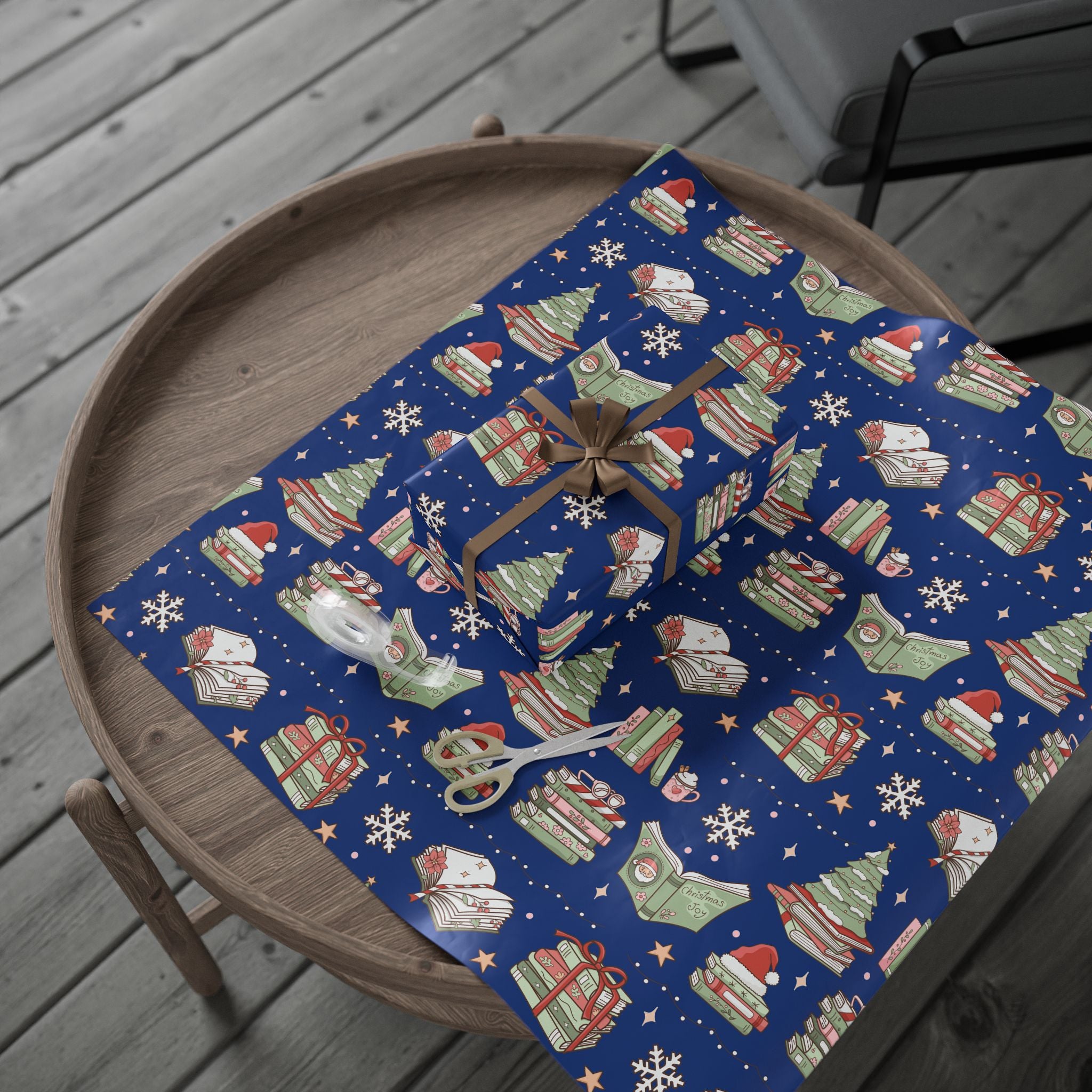 Wrapping Papers Royal Blue Christmas Books and Coffee Design Holiday Gift Wrap