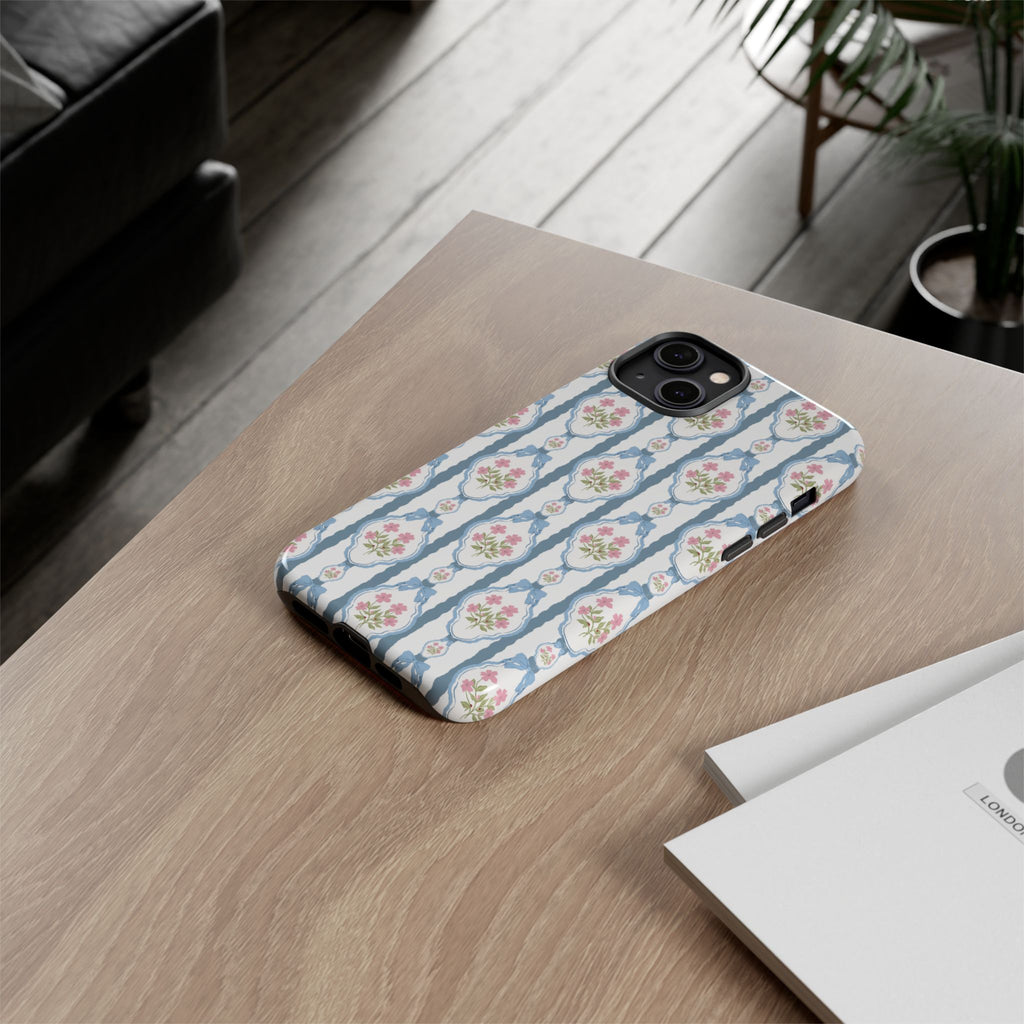 Coque de téléphone Vintage Nœud Bleu et Rose — Motif floral romantique « Tough Cases »