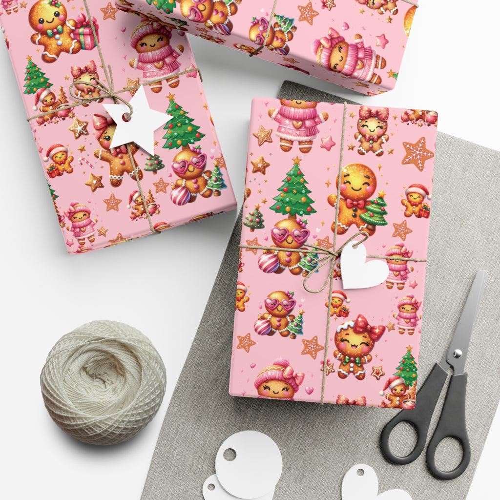 Pink Gingerbread Girls Christmas Wrapping Paper Cute Holiday Gift Wrap for Her, Festive & Whimsical Packaging for Xmas, Baby Showers Birthdays 3 SizesPerfect for Seasonal Gifting