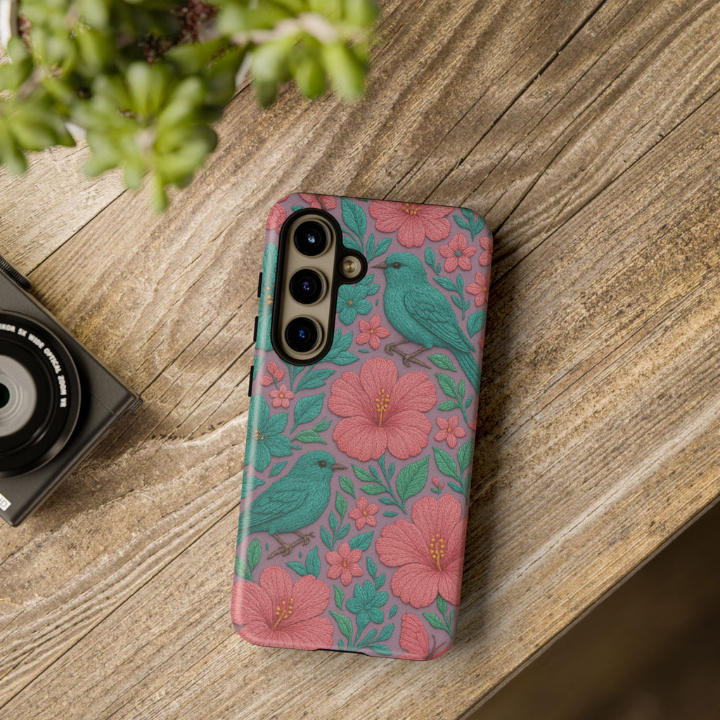 Turquoise, Pink and Lavender 3D Embroidery Illusion Phone Case Tropical Flowers, Birds & Butterflies Cover with Bold, Realistic Floral Texture iPhone, Samsung