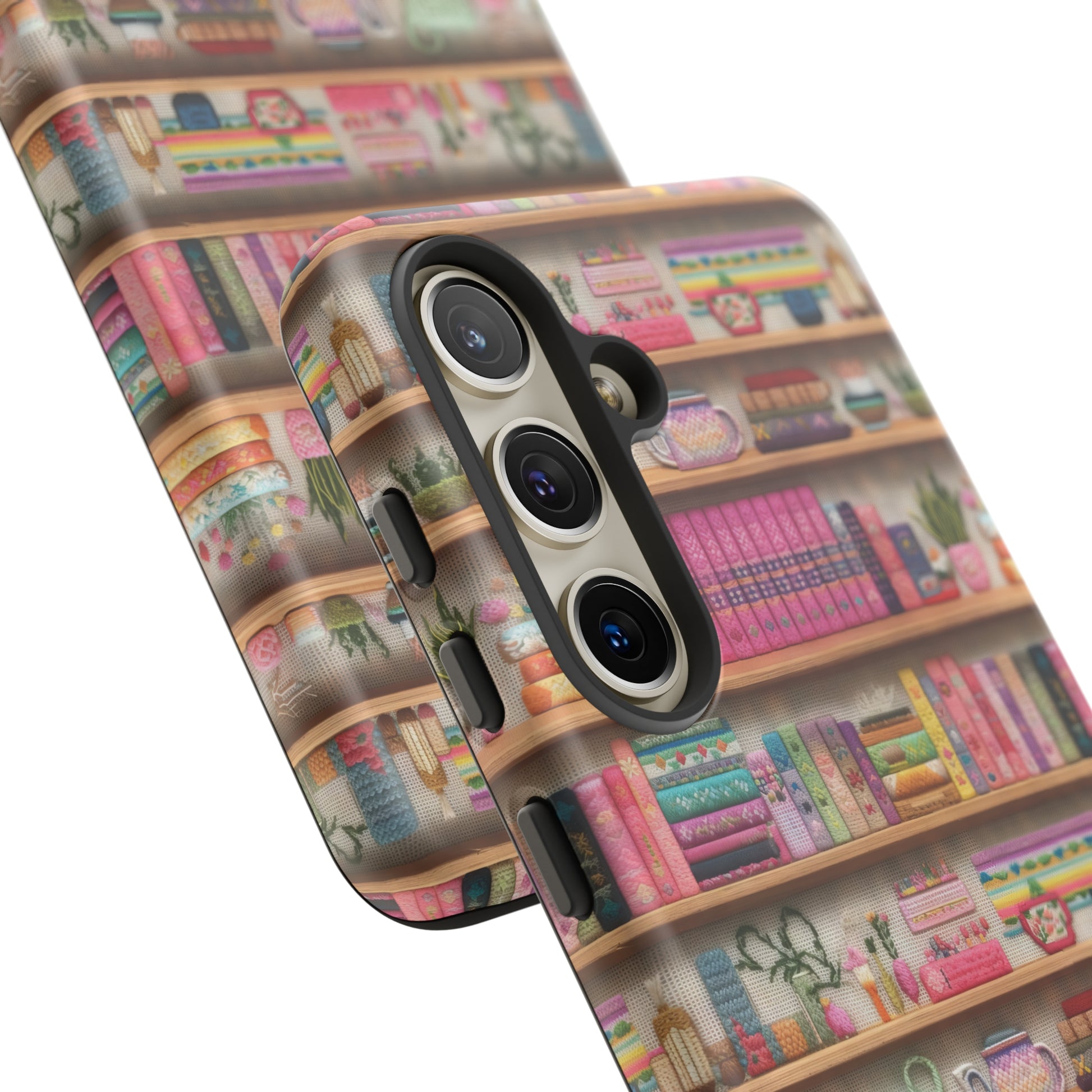 Phone Case 3D Illusion Books & Shelf Embroidery Design with Vibrant Colors Gift for Her Phone 15, Samsung iPhone Samsung Gift for Her Case iPhone 15, Samsung iPhone Samsung Accessory Gift for Her.