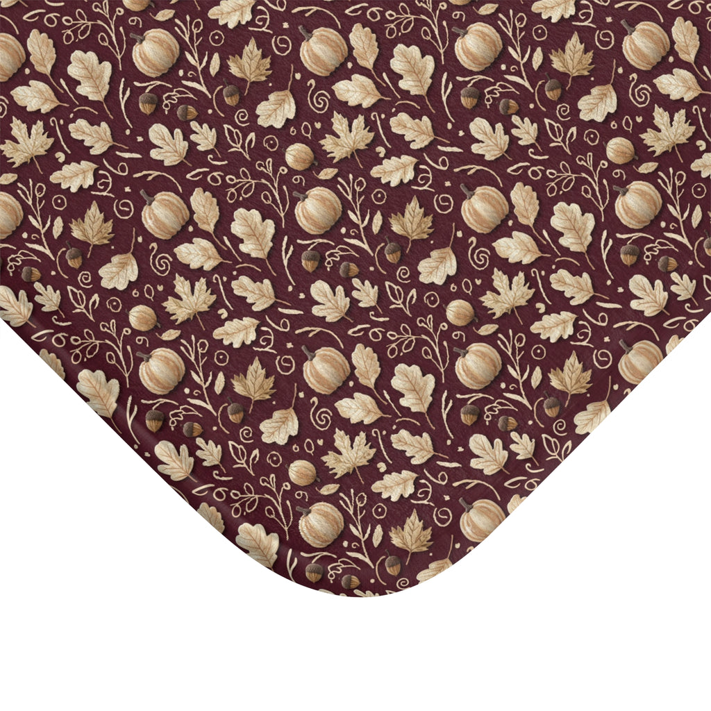 Burgundy Fall Bath Mat, Autumn Leaves Memory Foam Rug, Seasonal Bathroom Decor, Cozy Rustic Harvest Accent Floor Mat