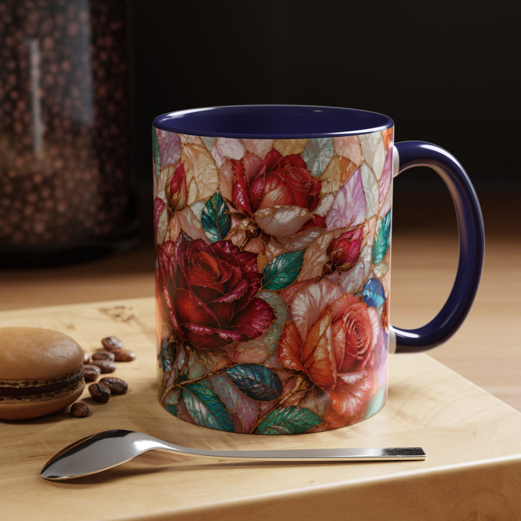 Floral Stained-Glass Accent Coffee Mug Colorful Rose Pattern (11/15 oz) Gift for Her