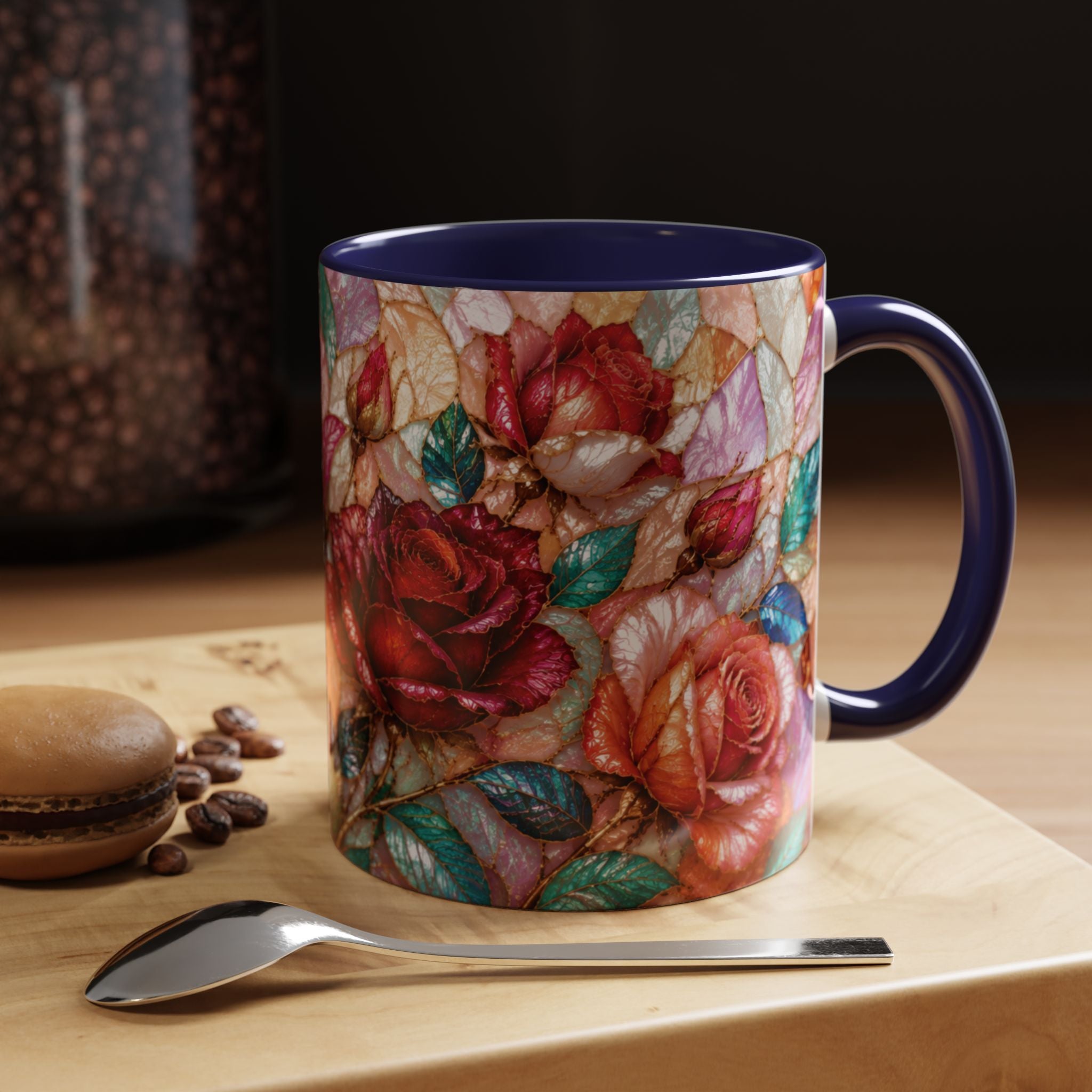 Floral Stained-Glass Accent Coffee Mug Colorful Rose Pattern (11/15 oz) Gift for Her