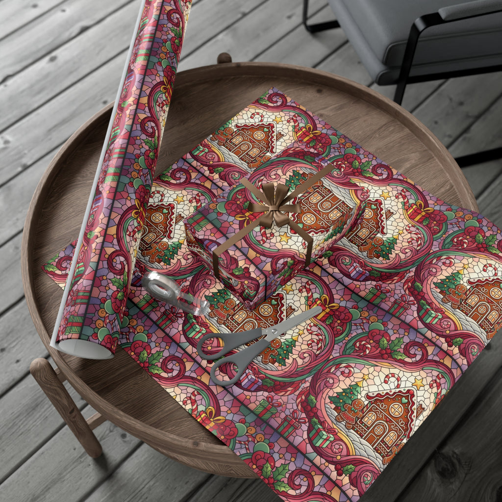 Stained Glass Gift Wrap Papers, Gingerbread House and Family Design - Wrapping Sheets, Festive Holiday Craft Supplies, Christmas Decoration