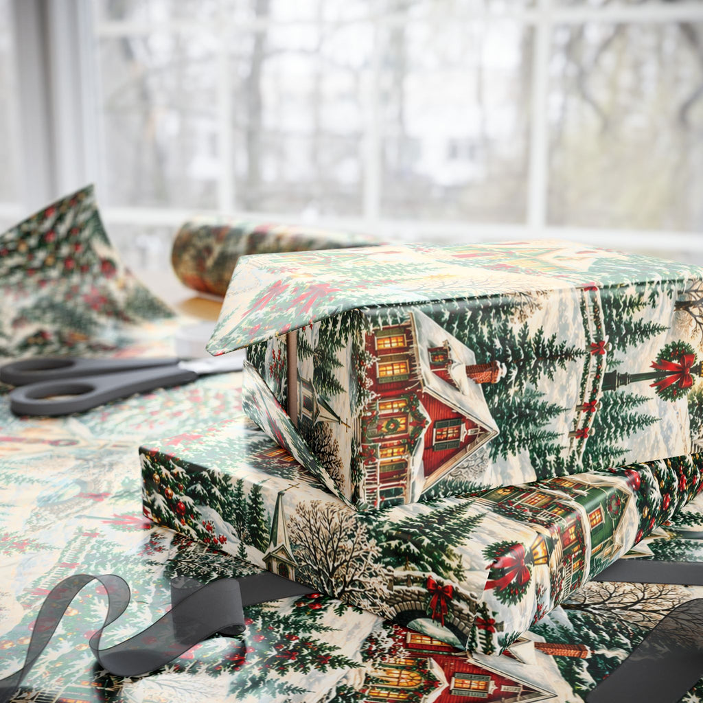 Vintage Christmas Village Gift Wrap Snowy Church & Cottage Wrapping Paper Rustic Holiday Present Wrap