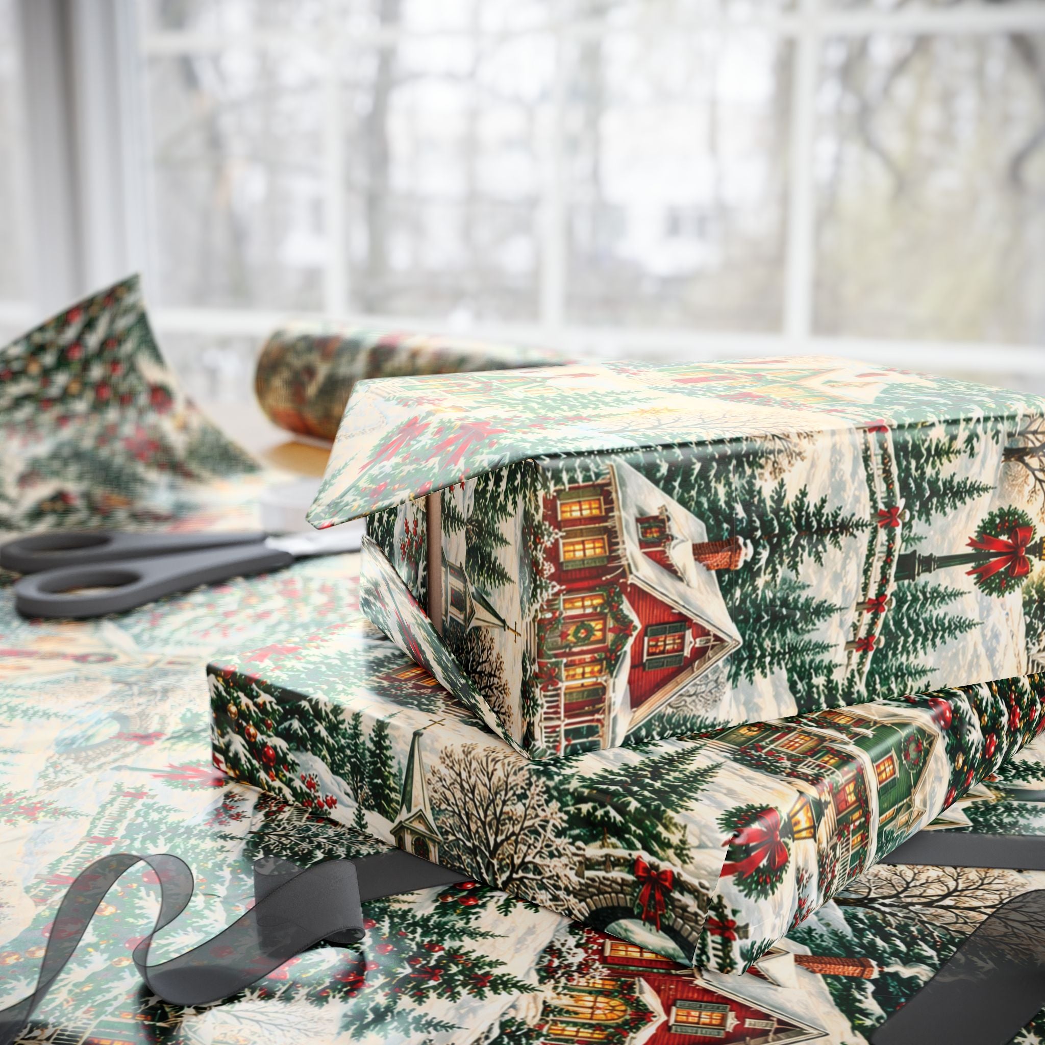 Vintage Christmas Village Gift Wrap Snowy Church & Cottage Wrapping Paper Rustic Holiday Present Wrap