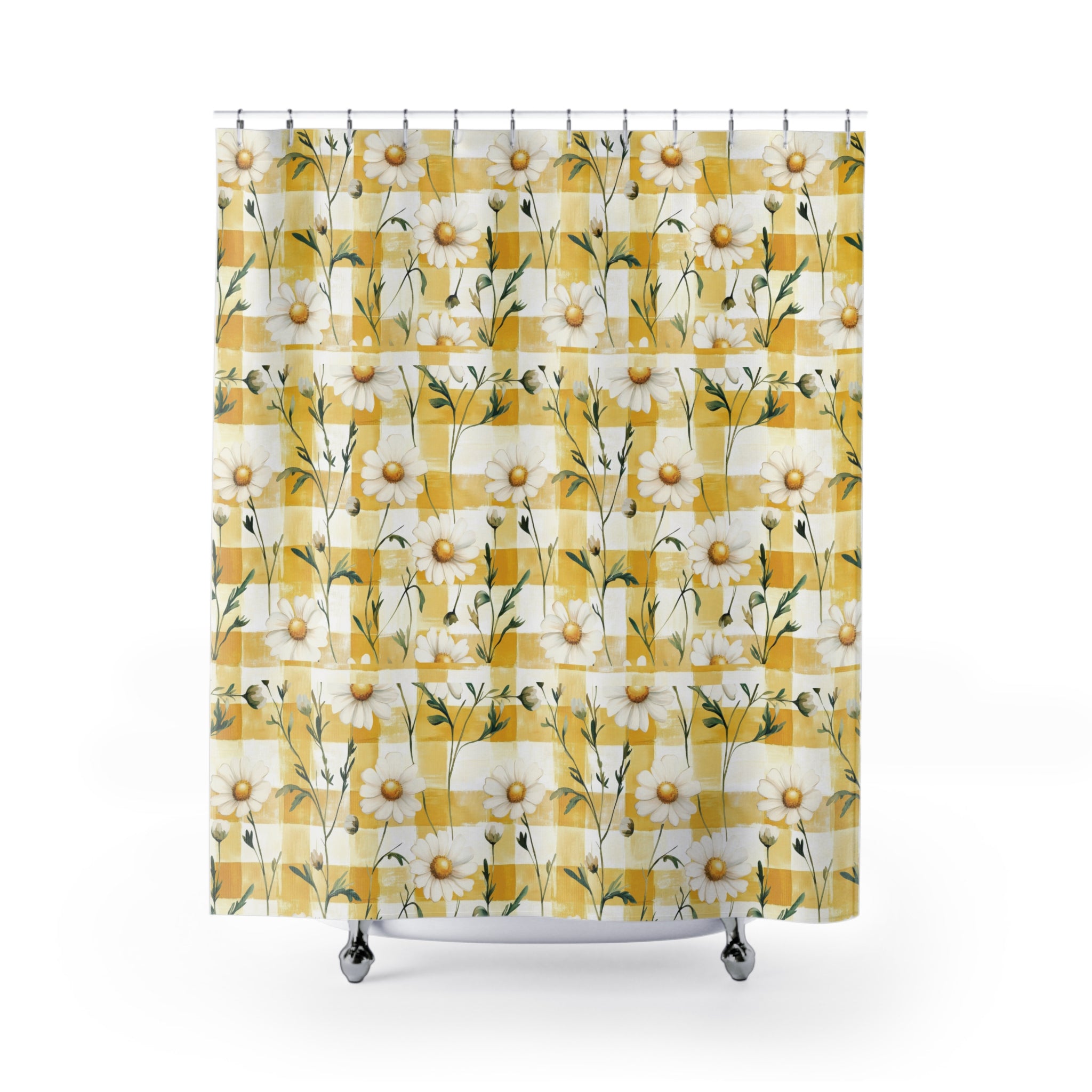 Yellow Daisy Checker Shower Curtain — Retro Floral Bath Decor