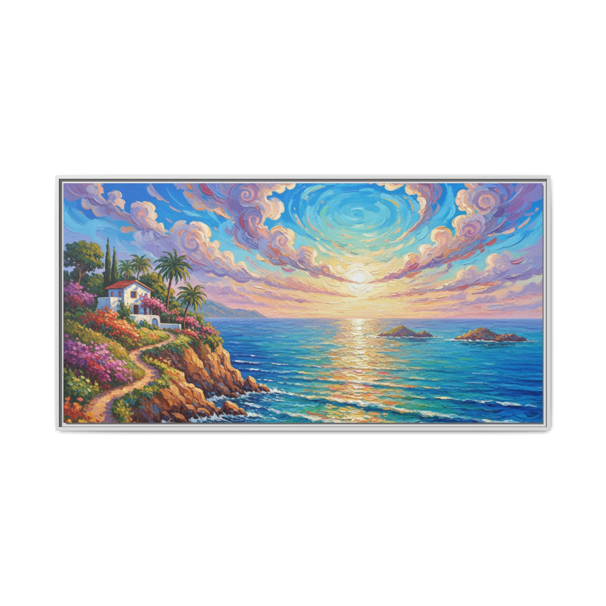 Ocean Floral Print Canvas | Bright Colorful Seascape Wall Art, Framed Matte Office Art Work