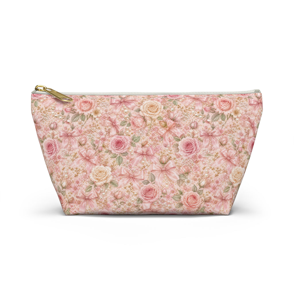Trousse de Maquillage Nœud en Satin et Rose Poudré, Pochette Cosmétique Fleurie Coquette de Luxe, Organisateur de Voyage Élégant