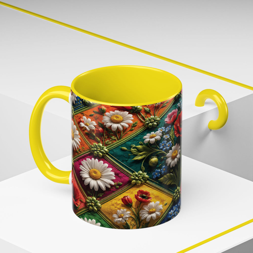Floral Patchwork Accent Coffee Mug — Colorful Poppies & Daisies (11/15oz) 3D Illusion