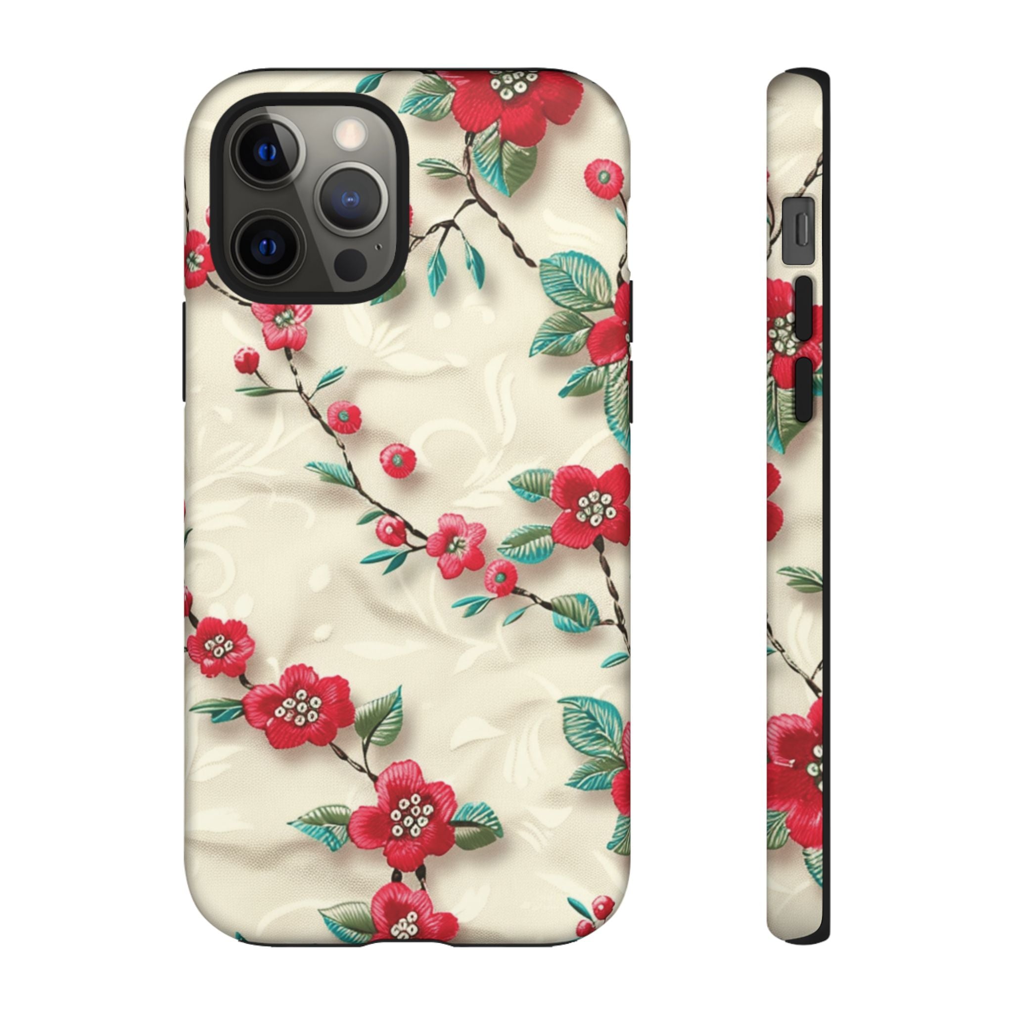 3D Embroidery Illusion Red Flowers Phone Case for iPhone, Samsung Pixel Artistic Floral Protection 15 14 13 12, 21 23 Gift for Her Perfect for Floral Lover