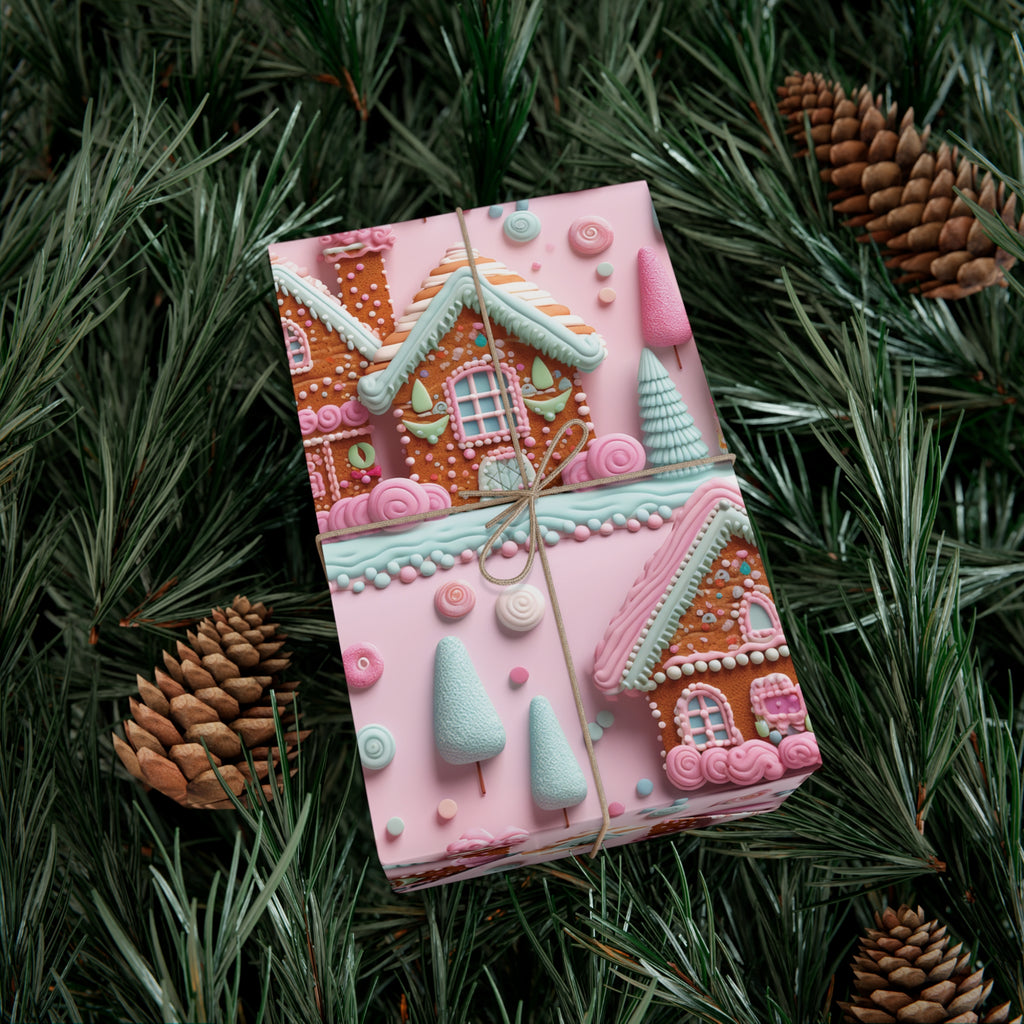 3D Clay Illusion Pink Gingerbread House Wrapping Paper Festive, Playful, and Perfect for Adding a Sweet Touch to Your Holiday Gifts Moms - MRSBYVALLE