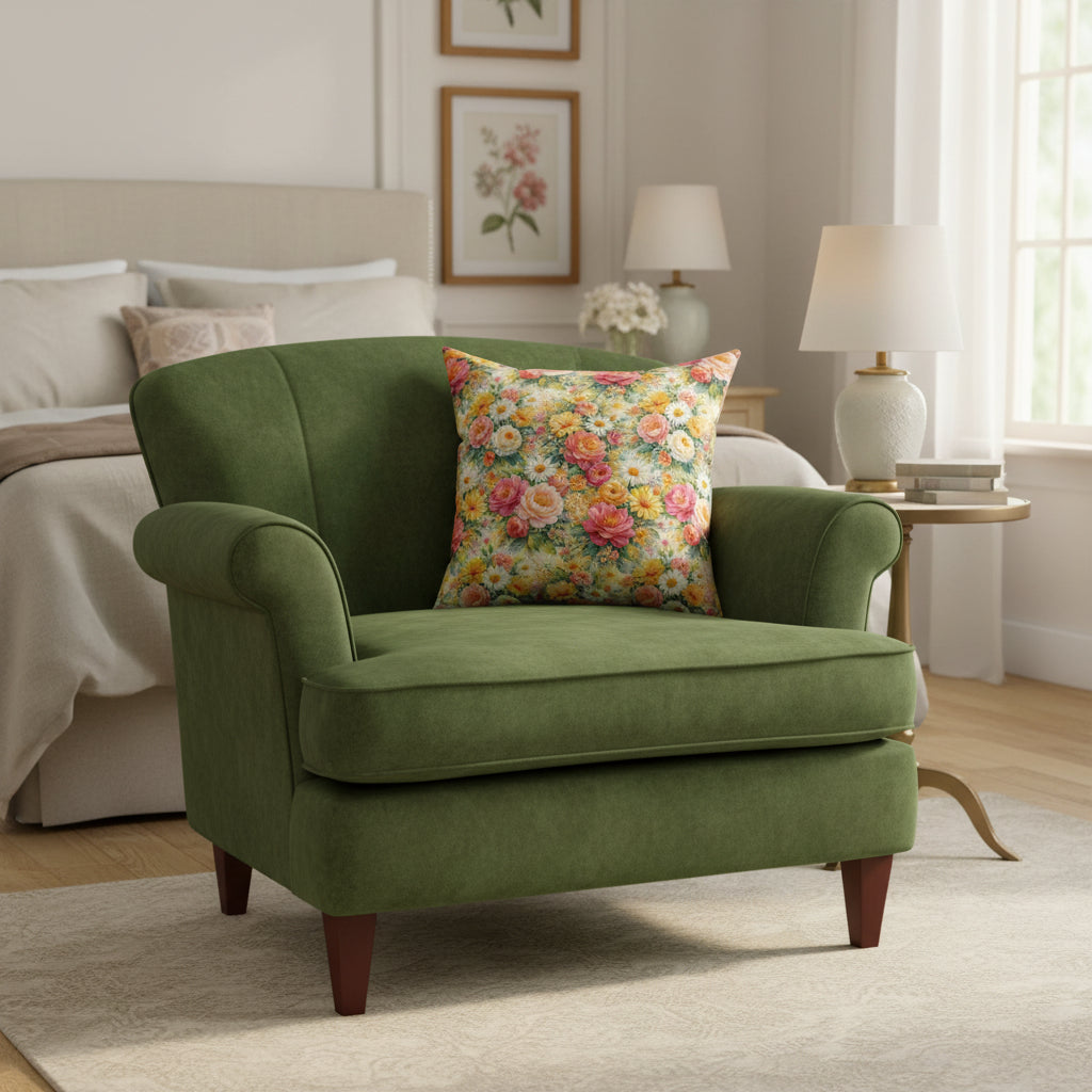 Floral patterned pillow with pink, yellow, and white flowers on a white background