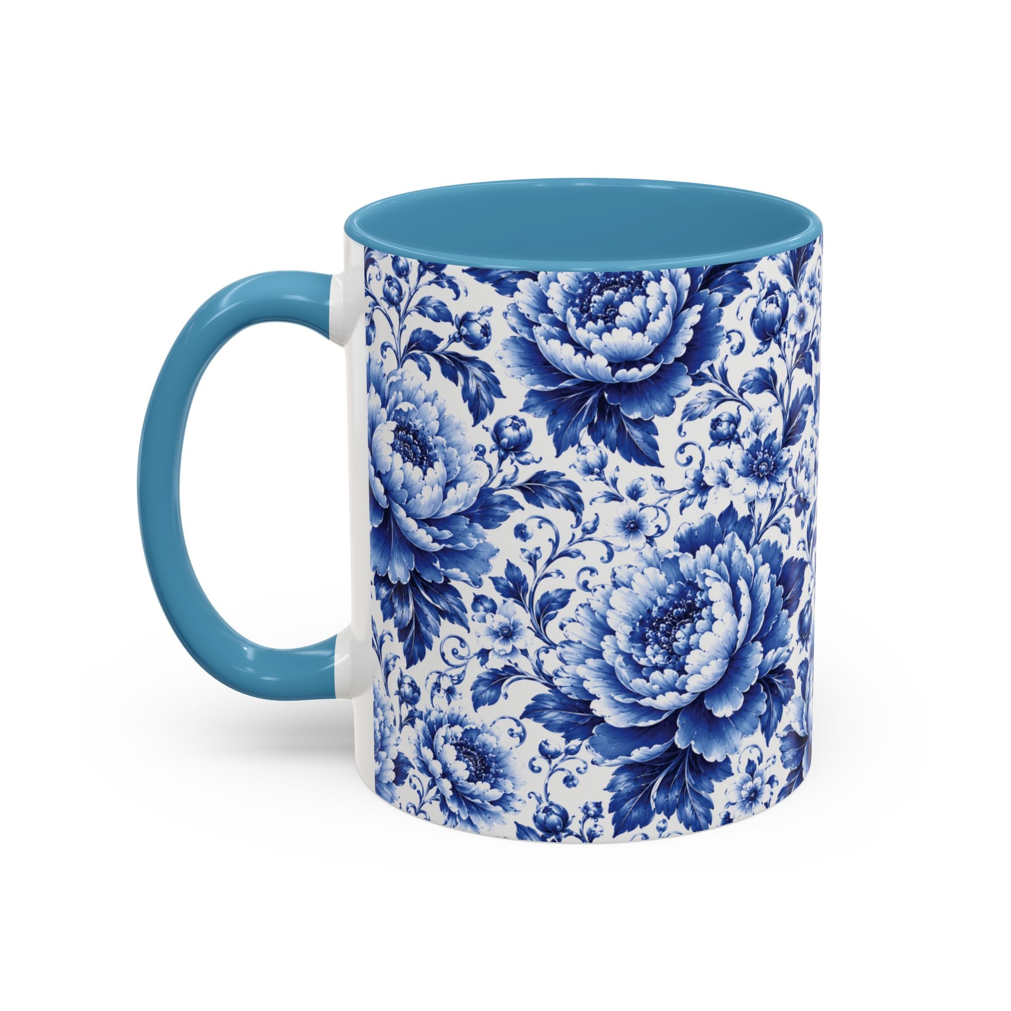 Blue Floral Ceramic Coffee Mug — Vintage Delft Peony Accent (11oz & 15oz) Blue & White Chinoiserie Tea Mug
