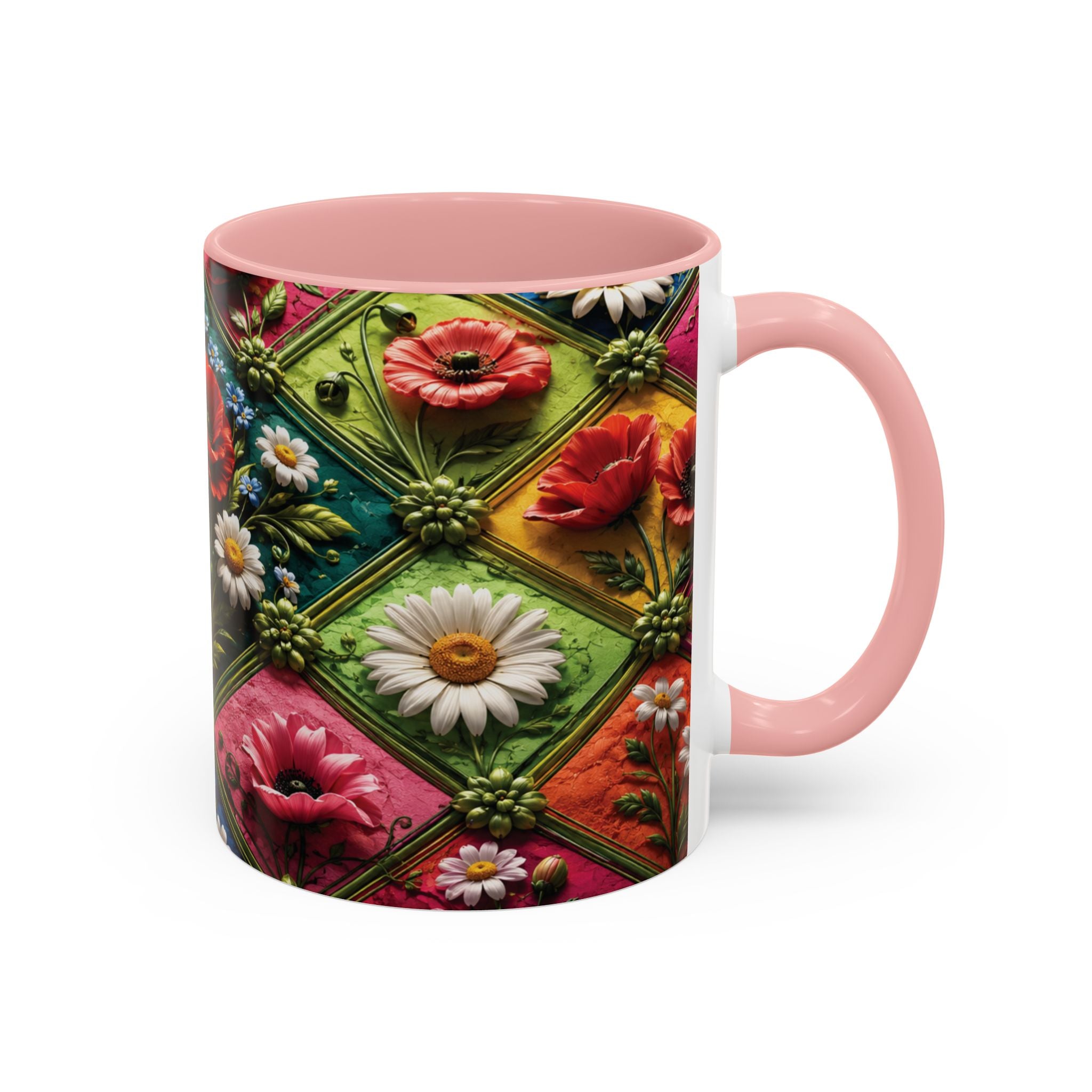Floral Patchwork Accent Coffee Mug — Colorful Poppies & Daisies (11/15oz) 3D Illusion