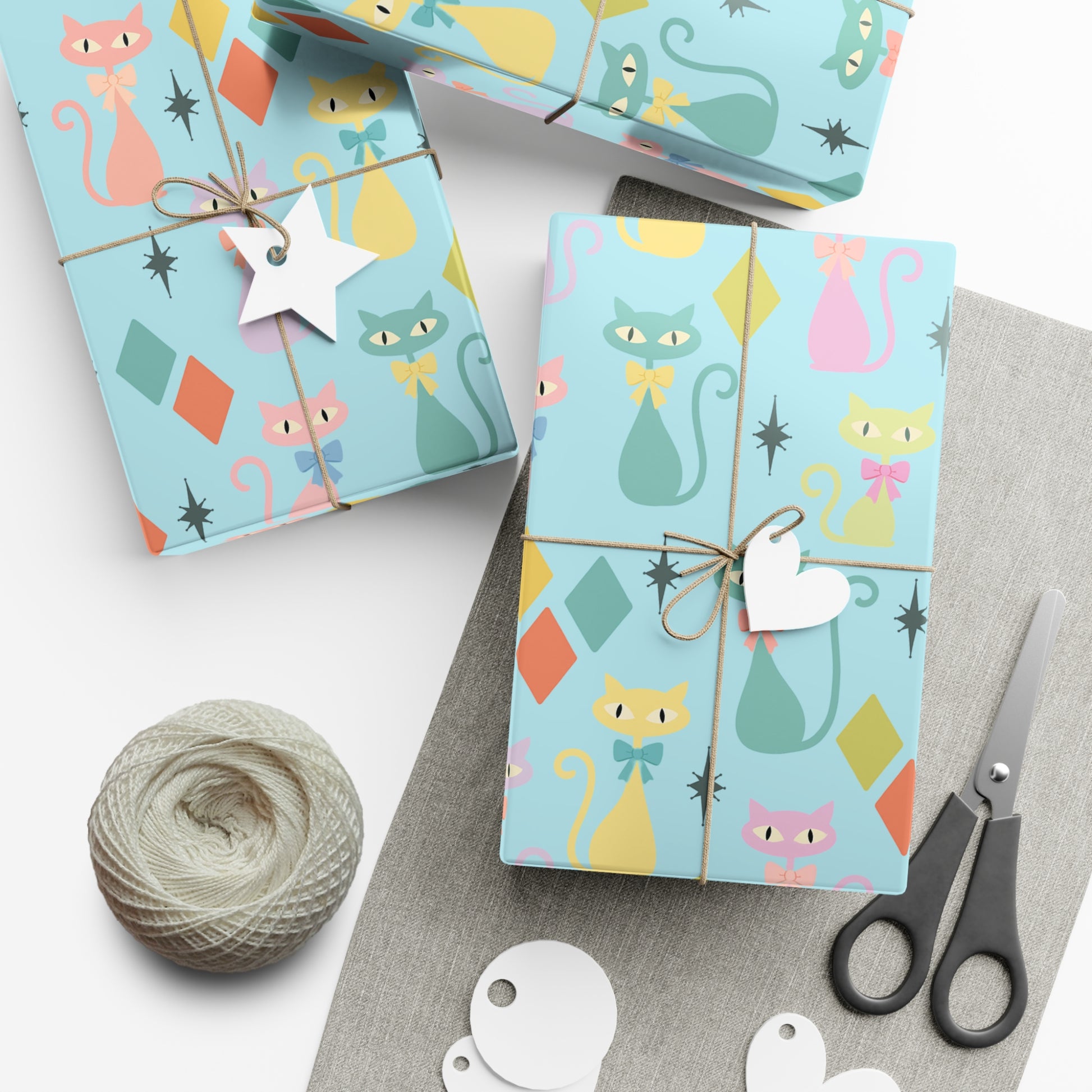 Atomic Cat Wrapping Paper, Retro Gift Wrap, Pastel Mid-Century Kitty Design, Vintage Holiday 30x20, 30x72, 30x144 Perfect for all Occasion