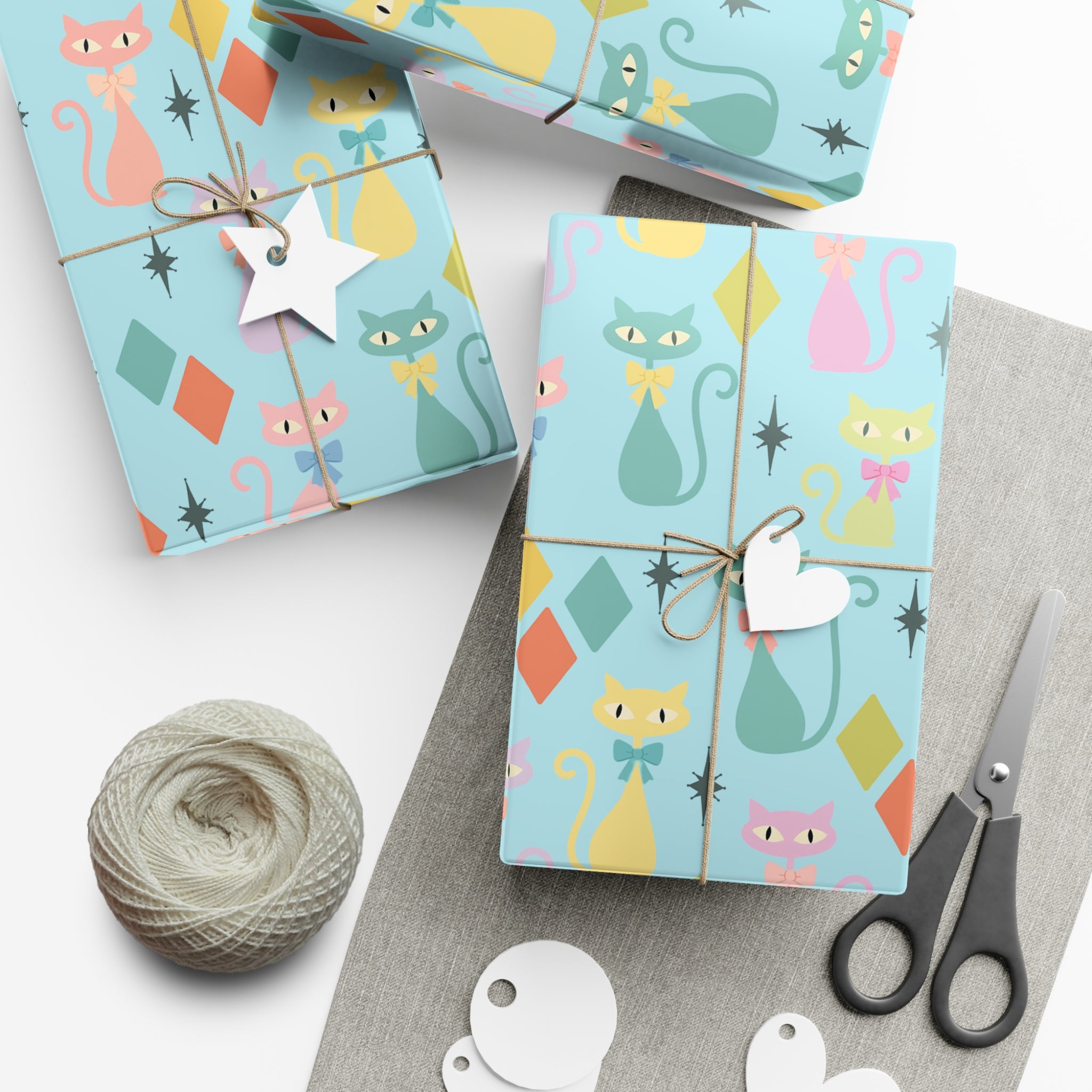 Papier cadeau chat atomique, papier cadeau rétro, motif chaton pastel du milieu du siècle, fêtes vintage 30x20, 30x72, 30x144 Parfait pour toutes les occasions
