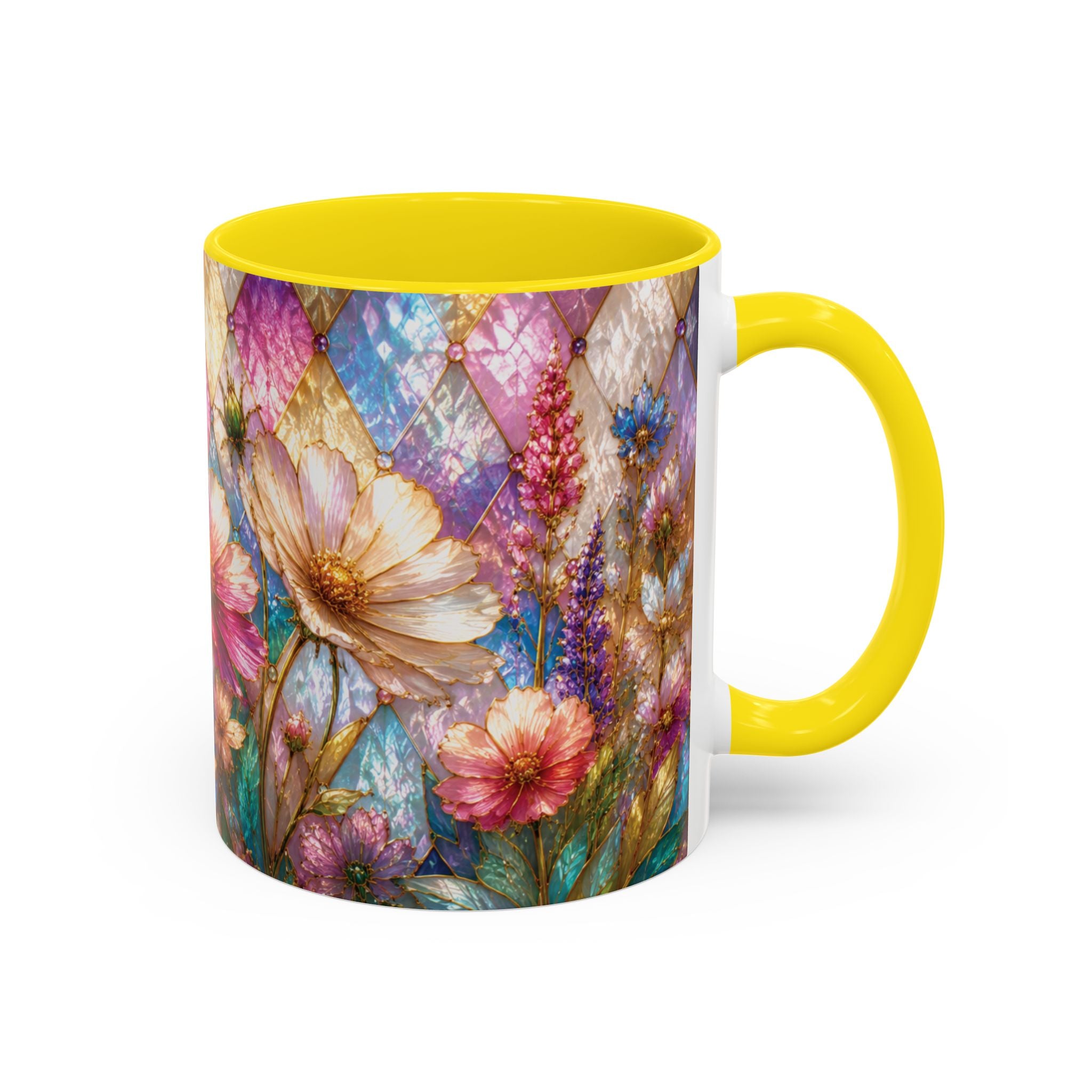 Floral Mosaic Accent Coffee Mug — Colorful Garden Flowers 11/15oz Stain Glass Illusion