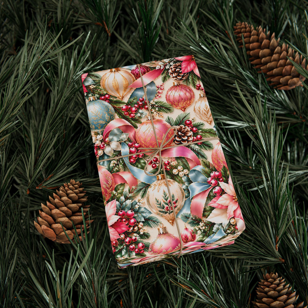 Pink Vintage Christmas Ornament Wrapping Paper