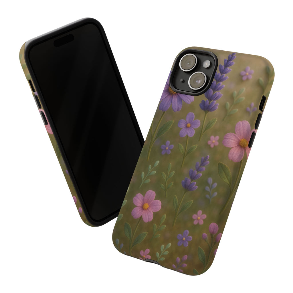 Pastel Flowers 3D Illusion Wildflower Phone Case Cute Pastel Floral Design in Lavender, Pink, Mint Green Aesthetic Protective Case for iPhone and  Android