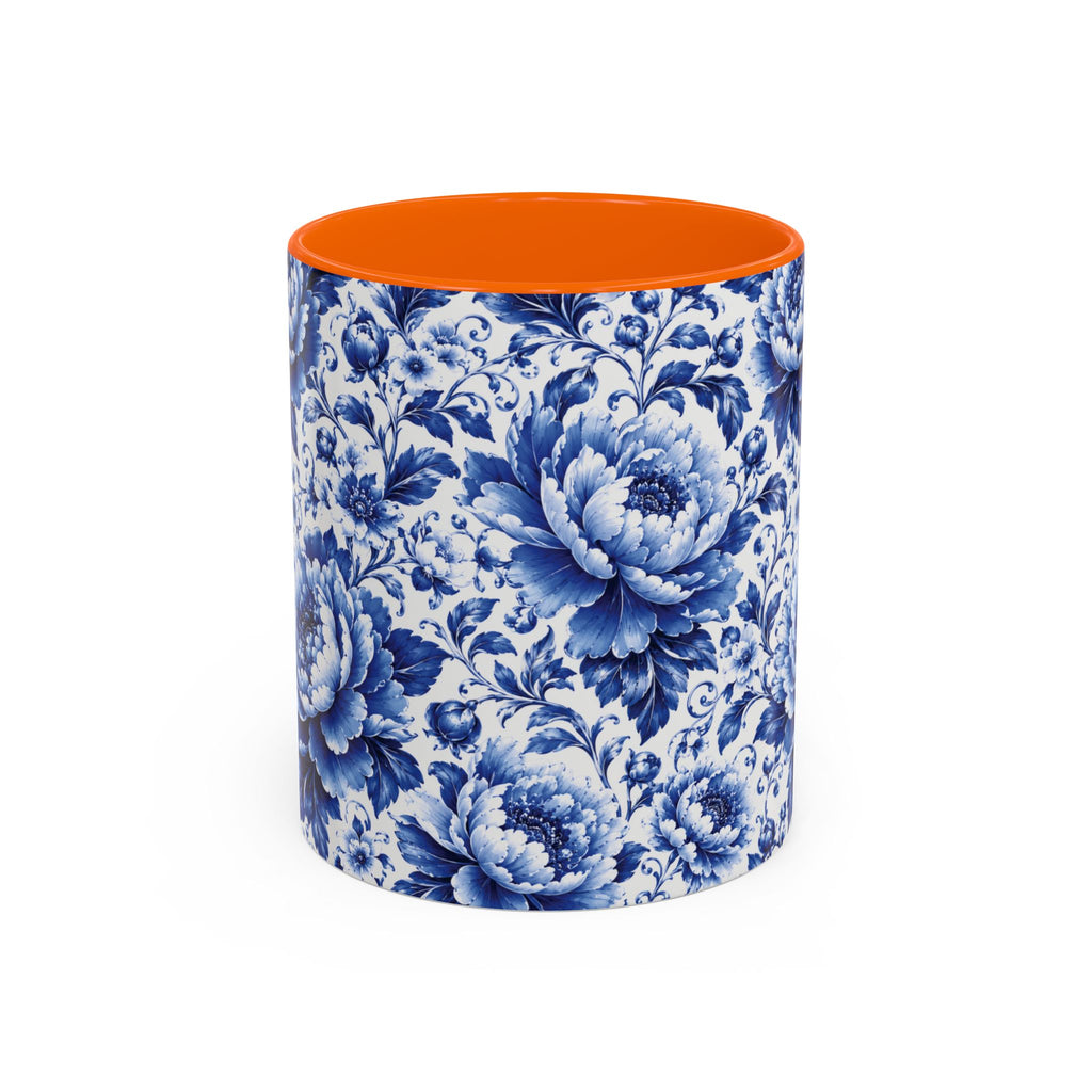 Blue Floral Ceramic Coffee Mug — Vintage Delft Peony Accent (11oz & 15oz) Blue & White Chinoiserie Tea Mug