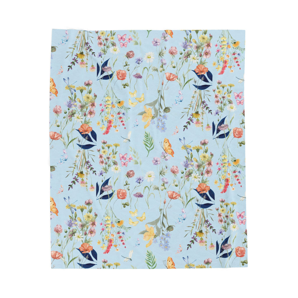 Icy Blue Watercolor Wildflowers Minky Velveteen Plush Blanket