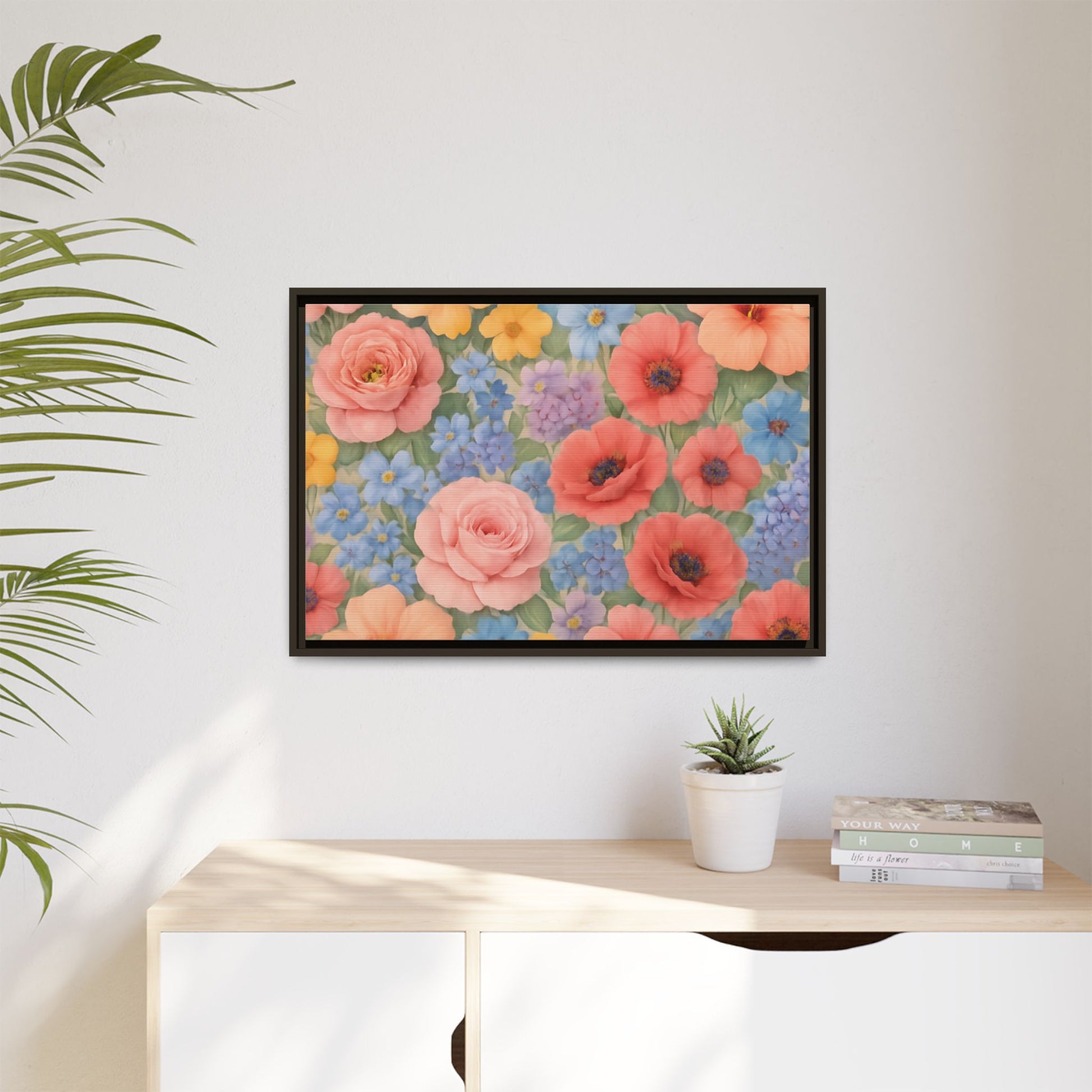 Luxury Framed Floral Canvas – Bold Multi-Color Botanical Wall Art, Elegant Nature-Inspired Accent for Living Room, Bedroom, or Office Décor Gift for Mom