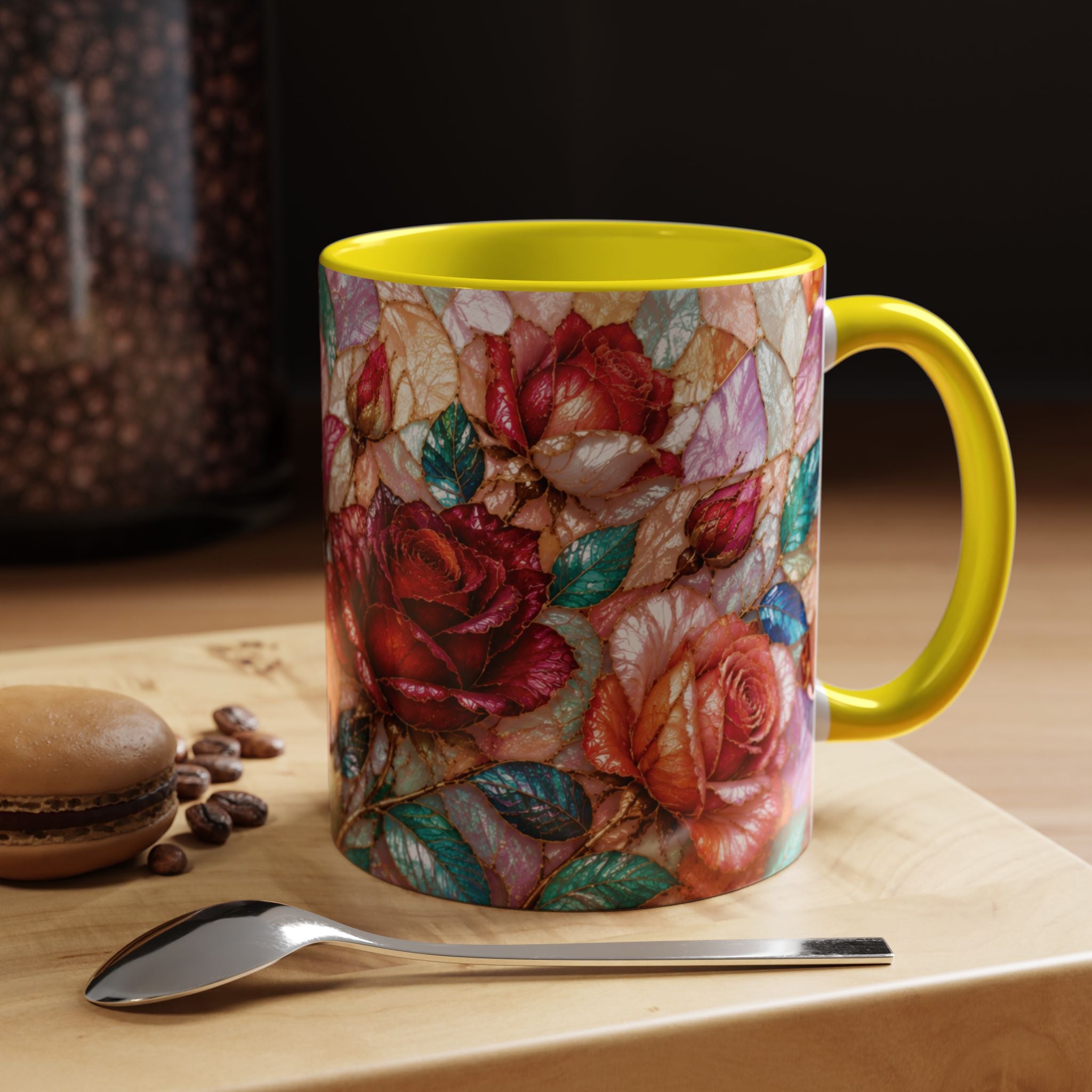 Floral Stained-Glass Accent Coffee Mug Colorful Rose Pattern (11/15 oz) Gift for Her