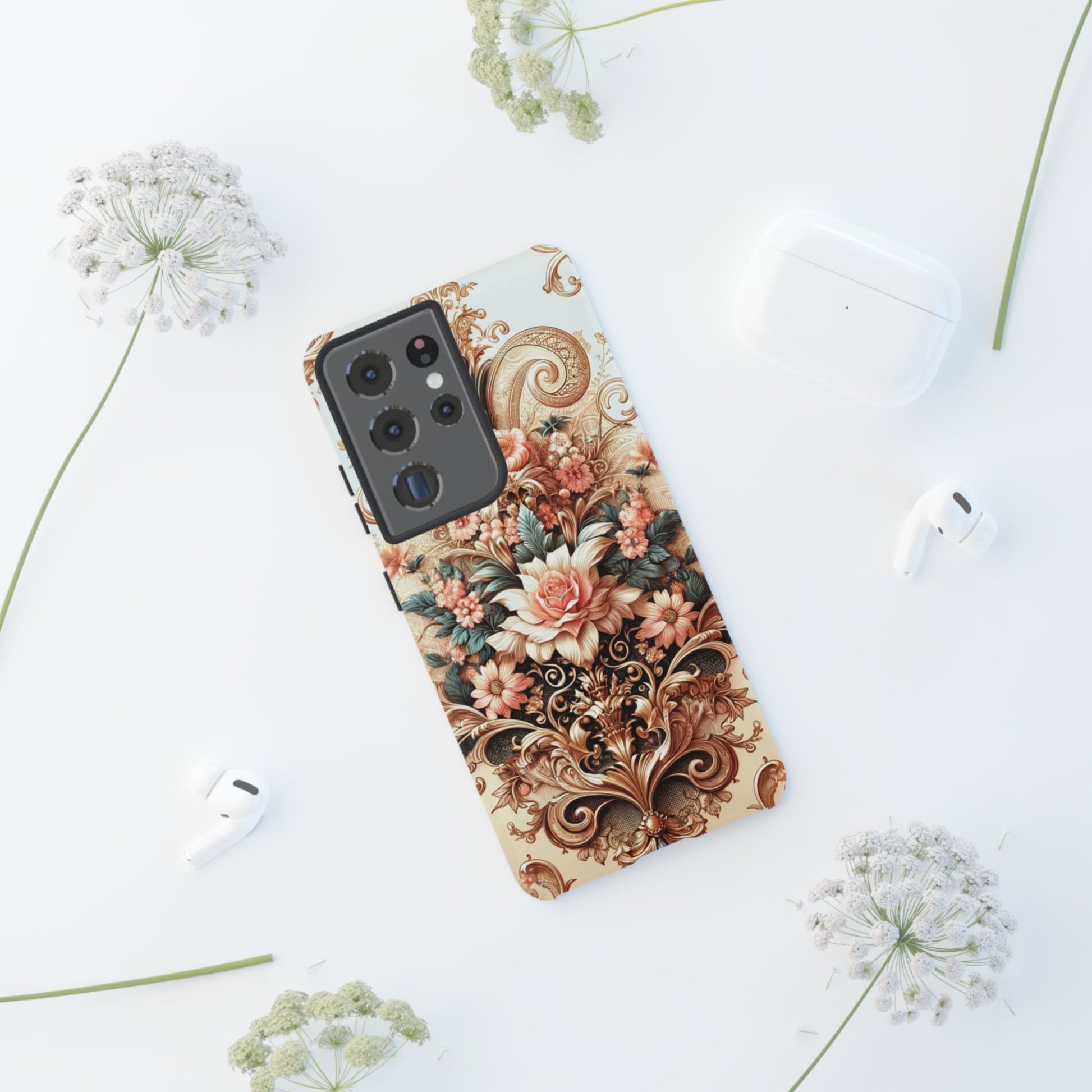 Gold Design Luxury Phone Tough Case Floral Elegant Durable Stylish for Modern Devices iPhone 17, 16, 15, Samsung iPhone Samsung Accessory Gift for Her