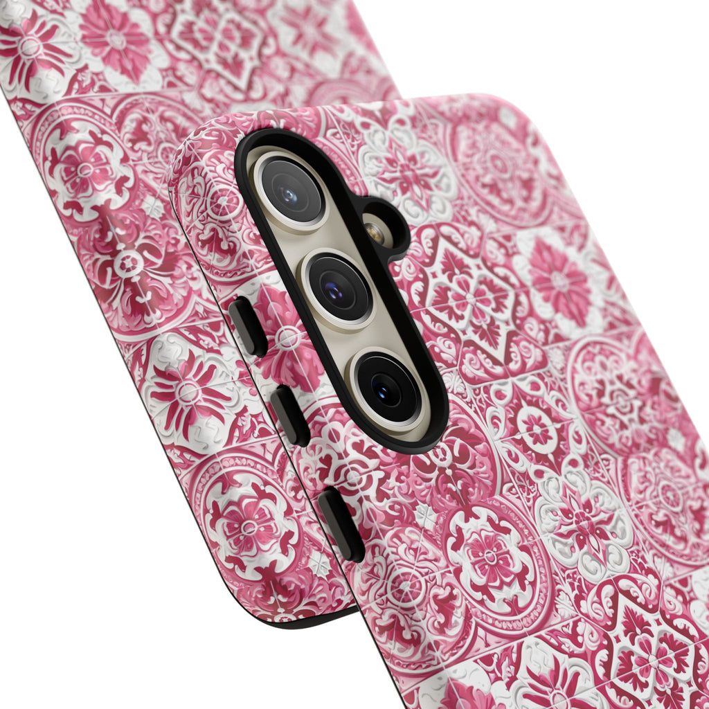 Pink and White Mediterranean Tile Design Phone Case - Stylish, Protective Cover for All Models Gift for Mom Accessory Gift for Her