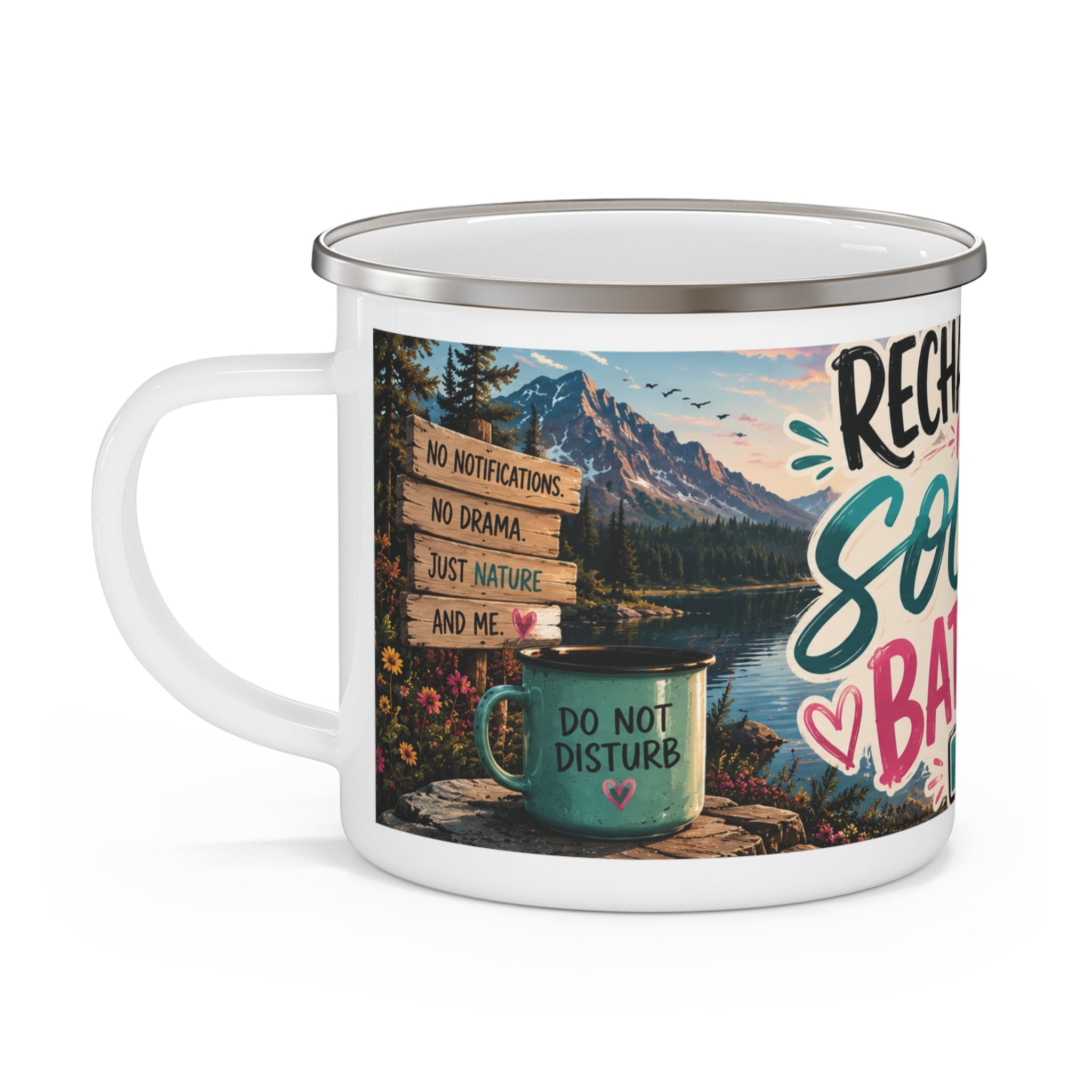 Enamel Camping Mug — "Recharging My Social Battery" Scenic Camper Coffee Cup