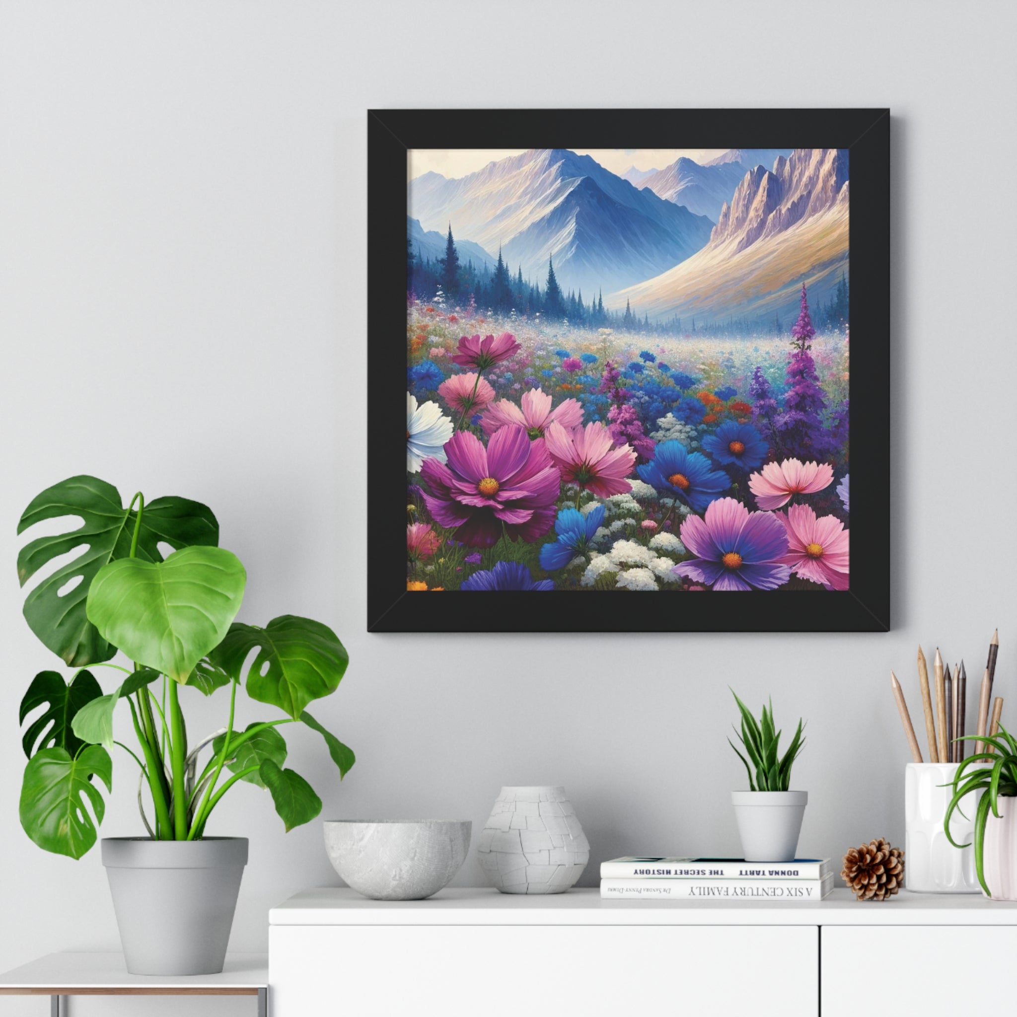 Wall Art Beautiful Wildflowers and Mountains Wildflower Art Watercolor Floral Framed Canvas Print Wall Art  Classic Encased in Black, White, or Walnut Frames with Durable Acrylic Protection Ready to Hang  Timelessly Crafted..
